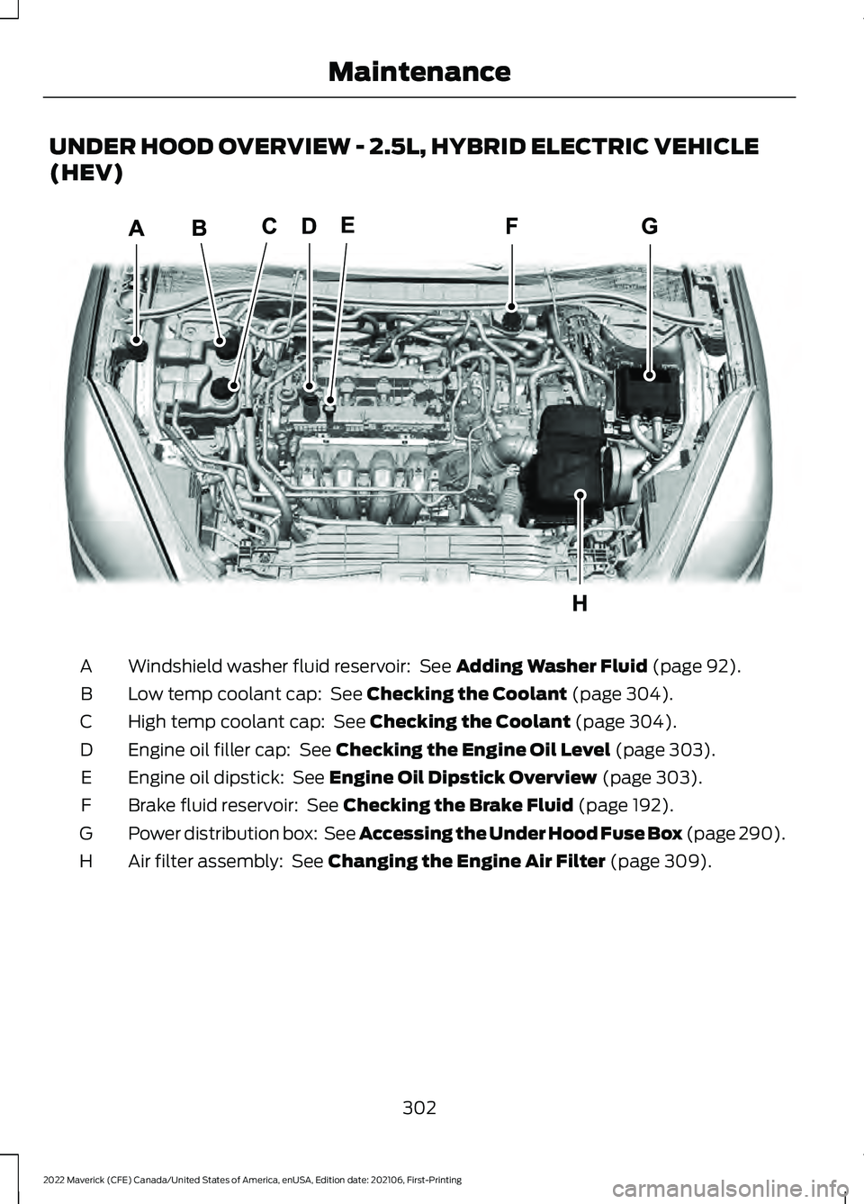 FORD MAVERICK 2022 Owners Manual UNDER HOOD OVERVIEW - 2.5L, HYBRID ELECTRIC VEHICLE
(HEV)
Windshield washer fluid reservoir: See Adding Washer Fluid (page 92).
A
Low temp coolant cap:
See Checking the Coolant (page 304).
B
High t FORD MAVERICK 2022 Owners Manual UNDER HOOD OVERVIEW - 2.5L, HYBRID ELECTRIC VEHICLE
(HEV)
Windshield washer fluid reservoir: See Adding Washer Fluid (page 92).
A
Low temp coolant cap:
See Checking the Coolant (page 304).
B
High t