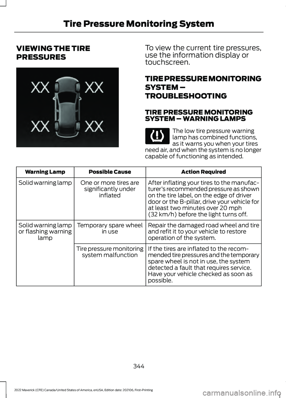FORD MAVERICK 2022 Owners Manual VIEWING THE TIRE
PRESSURES To view the current tire pressures,
use the information display or
touchscreen.
TIRE PRESSURE MONITORING
SYSTEM –
TROUBLESHOOTING
TIRE PRESSURE MONITORING
SYSTEM – WARNI FORD MAVERICK 2022 Owners Manual VIEWING THE TIRE
PRESSURES To view the current tire pressures,
use the information display or
touchscreen.
TIRE PRESSURE MONITORING
SYSTEM –
TROUBLESHOOTING
TIRE PRESSURE MONITORING
SYSTEM – WARNI