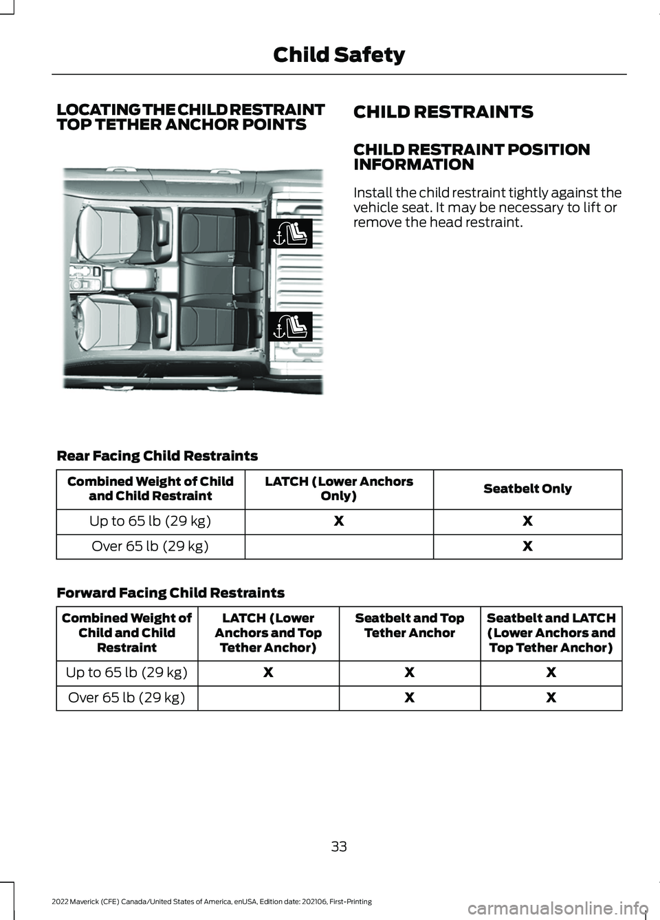 FORD MAVERICK 2022 Owners Manual LOCATING THE CHILD RESTRAINT
TOP TETHER ANCHOR POINTS
CHILD RESTRAINTS
CHILD RESTRAINT POSITION
INFORMATION
Install the child restraint tightly against the
vehicle seat. It may be necessary to lift or FORD MAVERICK 2022 Owners Manual LOCATING THE CHILD RESTRAINT
TOP TETHER ANCHOR POINTS
CHILD RESTRAINTS
CHILD RESTRAINT POSITION
INFORMATION
Install the child restraint tightly against the
vehicle seat. It may be necessary to lift or