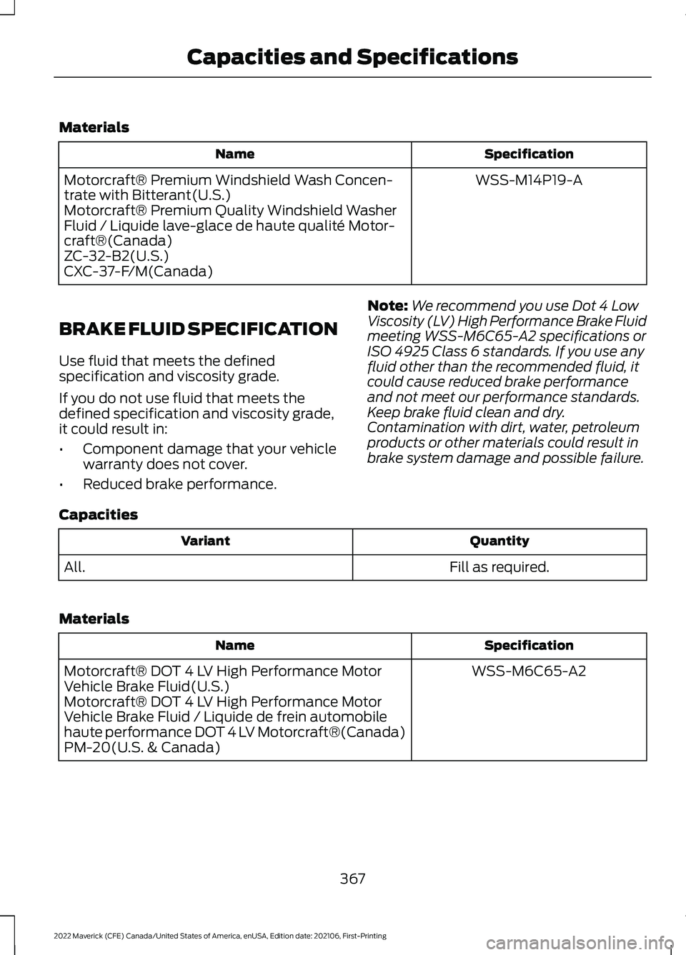 FORD MAVERICK 2022 Owners Manual Materials
Specification
Name
WSS-M14P19-A
Motorcraft® Premium Windshield Wash Concen-
trate with Bitterant(U.S.)
Motorcraft® Premium Quality Windshield Washer
Fluid / Liquide lave-glace de haute qua FORD MAVERICK 2022 Owners Manual Materials
Specification
Name
WSS-M14P19-A
Motorcraft® Premium Windshield Wash Concen-
trate with Bitterant(U.S.)
Motorcraft® Premium Quality Windshield Washer
Fluid / Liquide lave-glace de haute qua