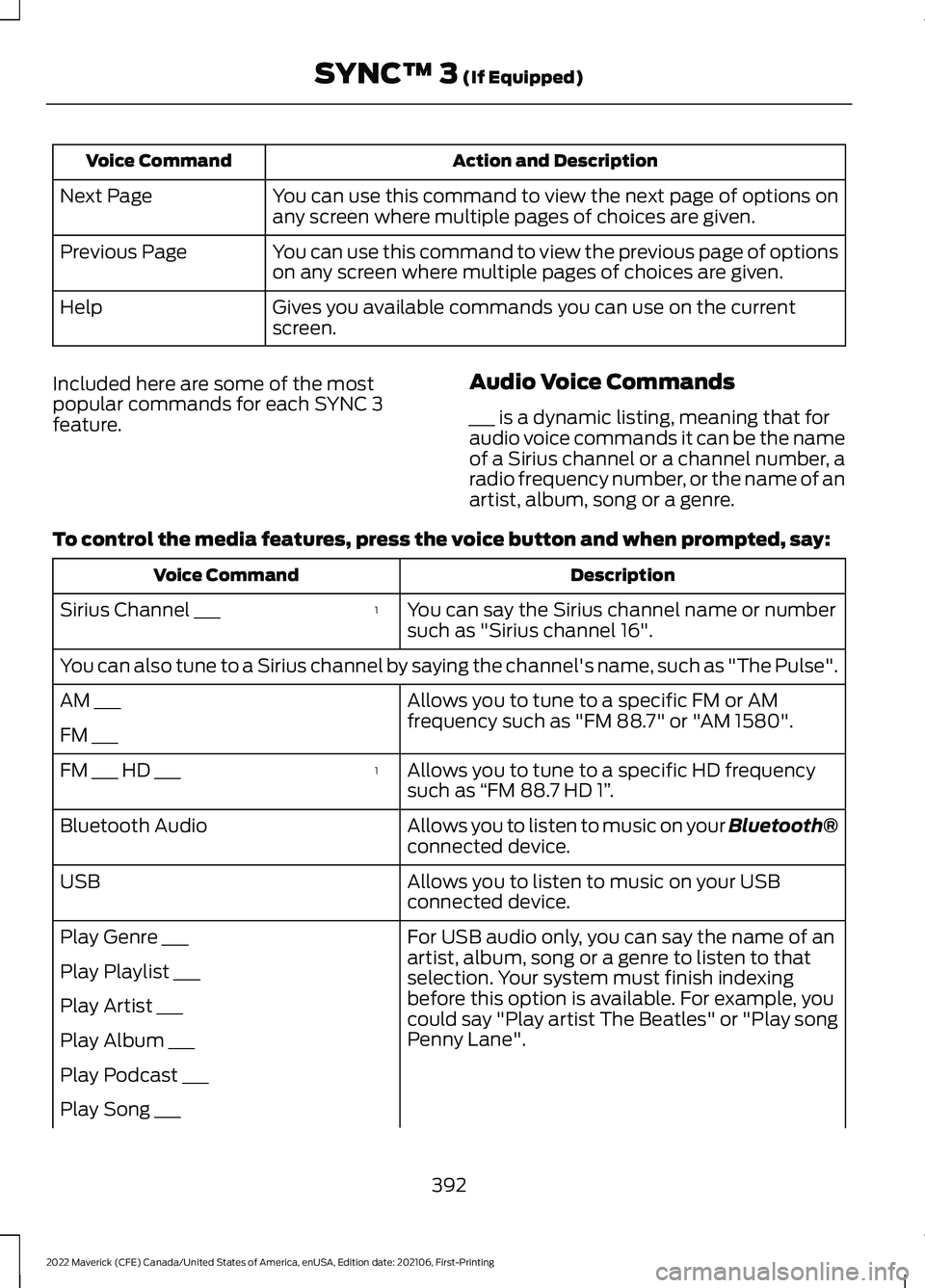 FORD MAVERICK 2022 Owners Manual Action and Description
Voice Command
You can use this command to view the next page of options on
any screen where multiple pages of choices are given.
Next Page
You can use this command to view the p FORD MAVERICK 2022 Owners Manual Action and Description
Voice Command
You can use this command to view the next page of options on
any screen where multiple pages of choices are given.
Next Page
You can use this command to view the p