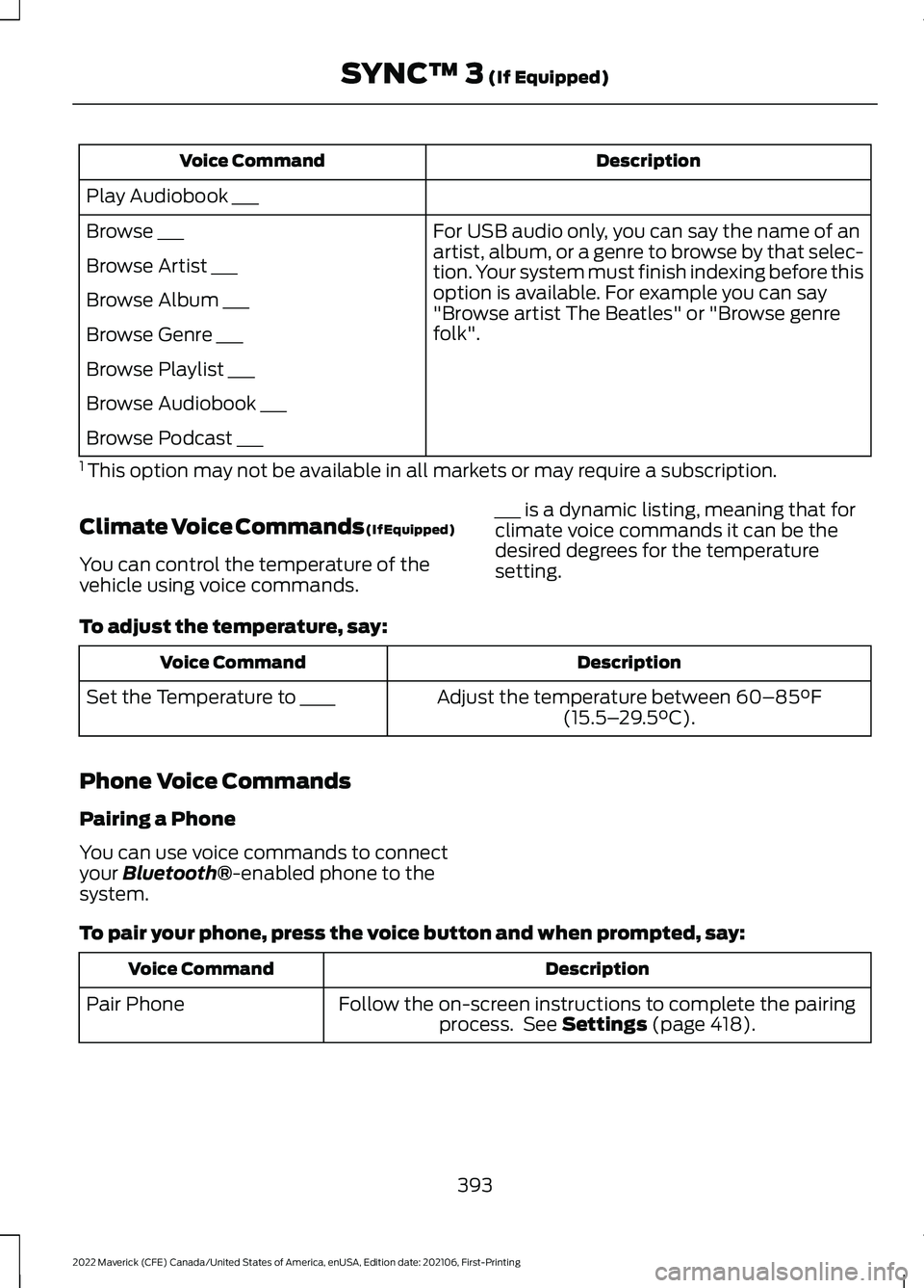 FORD MAVERICK 2022 Owners Manual Description
Voice Command
Play Audiobook ___ For USB audio only, you can say the name of an
artist, album, or a genre to browse by that selec-
tion. Your system must finish indexing before this
option FORD MAVERICK 2022 Owners Manual Description
Voice Command
Play Audiobook ___ For USB audio only, you can say the name of an
artist, album, or a genre to browse by that selec-
tion. Your system must finish indexing before this
option