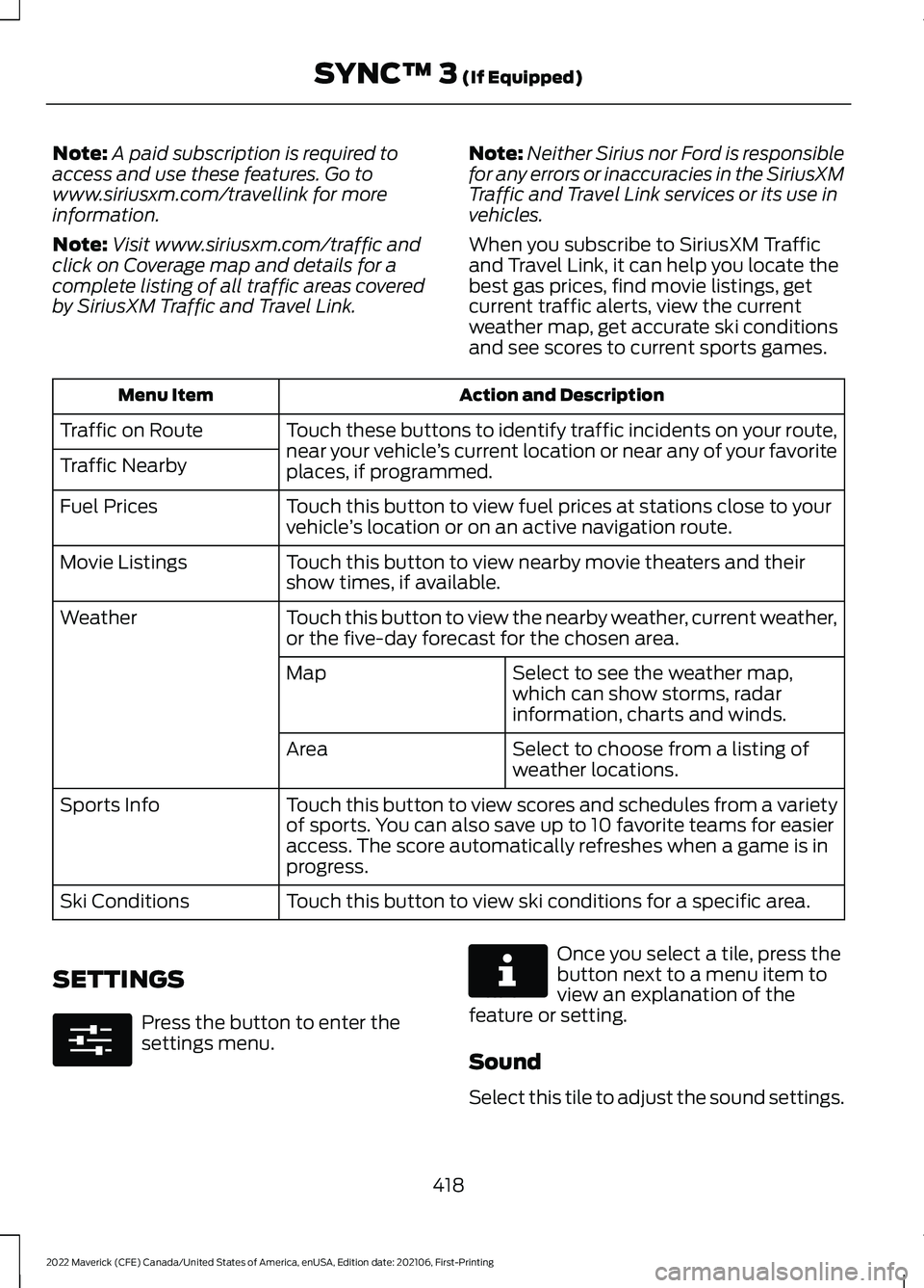 FORD MAVERICK 2022  Owners Manual Note:
A paid subscription is required to
access and use these features. Go to
www.siriusxm.com/travellink for more
information.
Note: Visit www.siriusxm.com/traffic and
click on Coverage map and detai