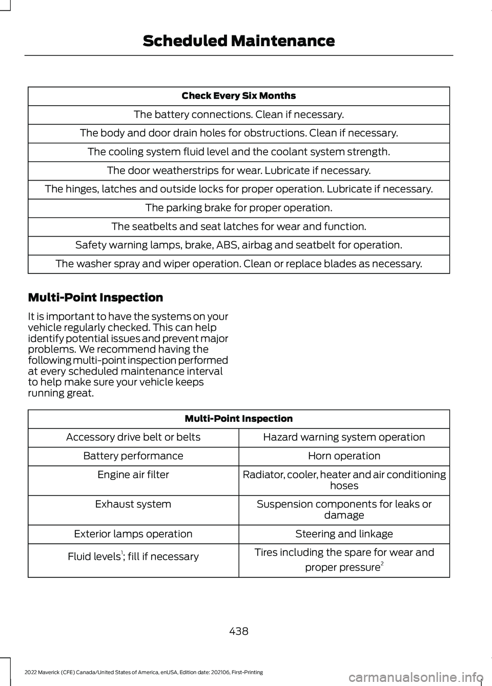 FORD MAVERICK 2022  Owners Manual Check Every Six Months
The battery connections. Clean if necessary.
The body and door drain holes for obstructions. Clean if necessary. The cooling system fluid level and the coolant system strength. 