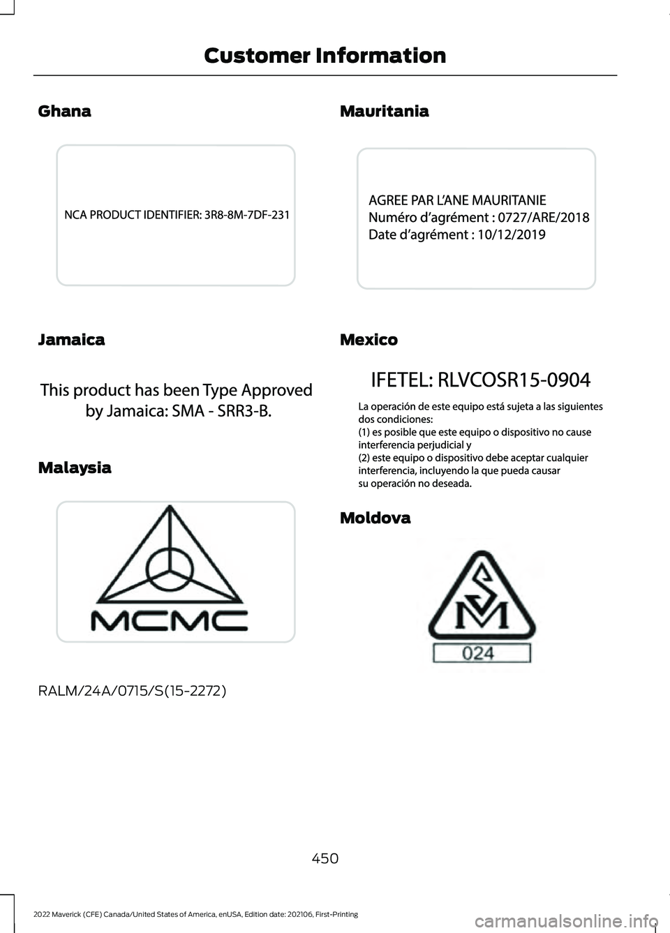 FORD MAVERICK 2022  Owners Manual Ghana
Jamaica
Malaysia
RALM/24A/0715/S(15-2272) Mauritania
Mexico
Moldova
450
2022 Maverick (CFE) Canada/United States of America, enUSA, Edition date: 202106, First-Printing Customer InformationE2696