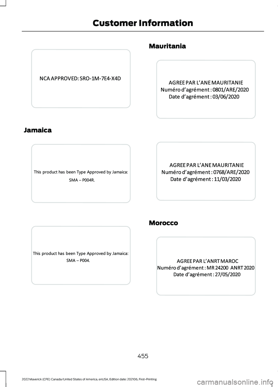 FORD MAVERICK 2022  Owners Manual Jamaica Mauritania
Morocco
455
2022 Maverick (CFE) Canada/United States of America, enUSA, Edition date: 202106, First-Printing Customer InformationE345303  E345306  E345307  E345304  E345305  E345308