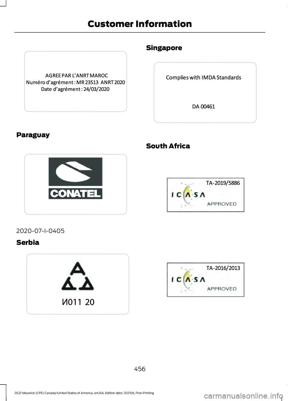 FORD MAVERICK 2022  Owners Manual Paraguay
2020-07-I-0405
Serbia Singapore
South Africa
456
2022 Maverick (CFE) Canada/United States of America, enUSA, Edition date: 202106, First-Printing Customer InformationE345309  E339812  E341434