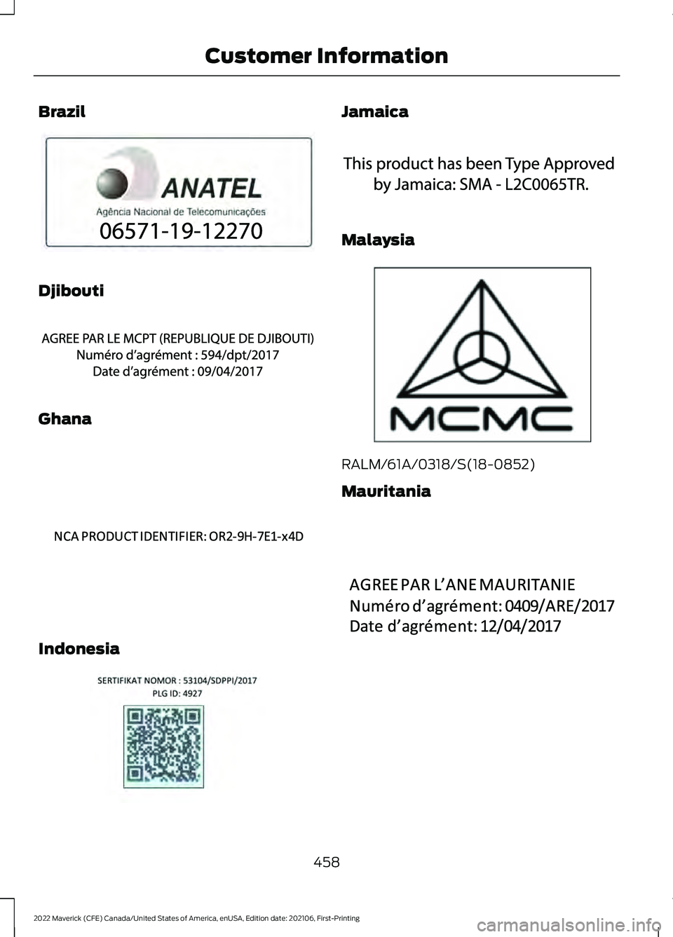FORD MAVERICK 2022  Owners Manual Brazil
Djibouti
Ghana
Indonesia Jamaica
Malaysia
RALM/61A/0318/S(18-0852)
Mauritania
458
2022 Maverick (CFE) Canada/United States of America, enUSA, Edition date: 202106, First-Printing Customer Infor