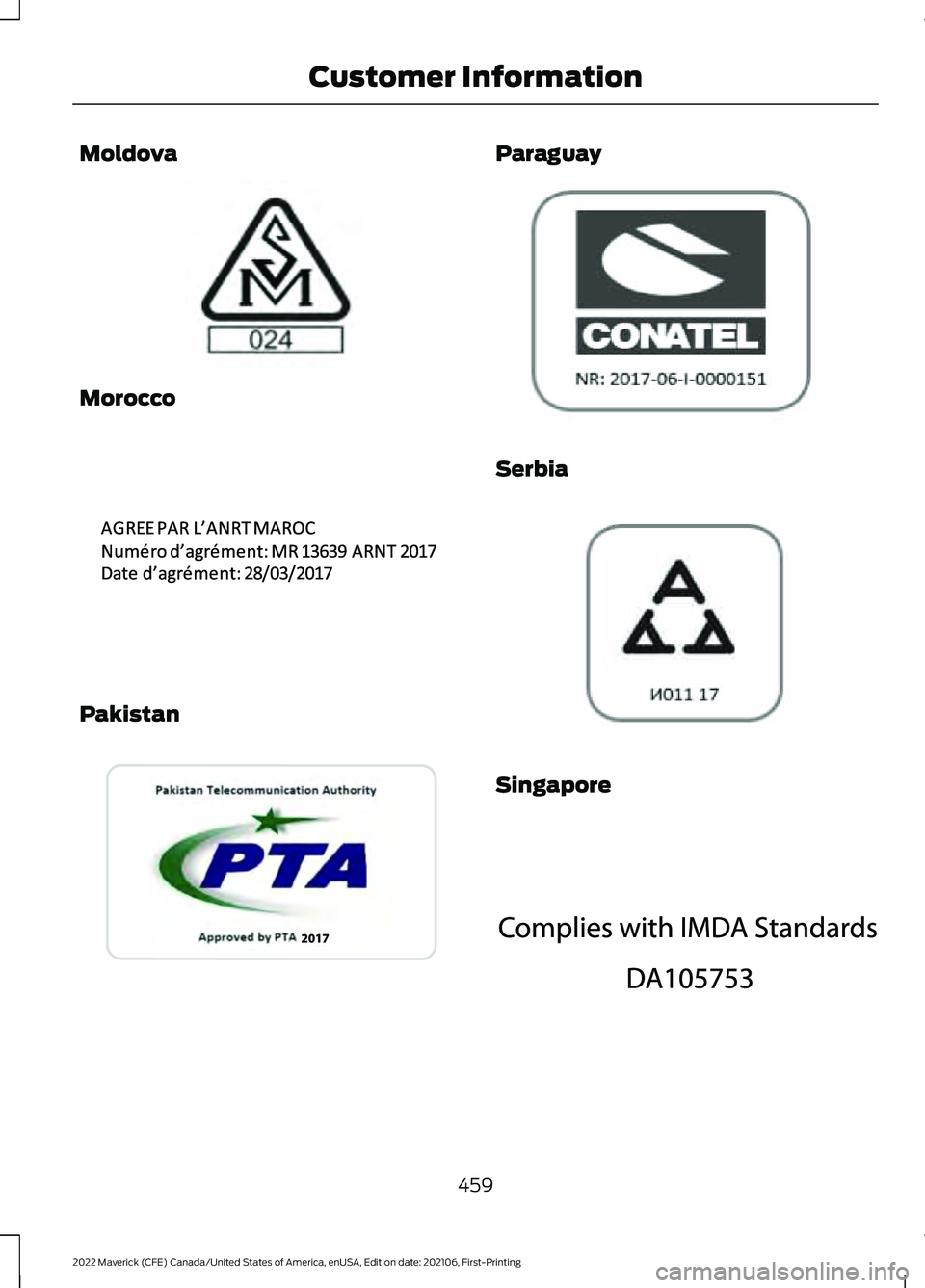 FORD MAVERICK 2022  Owners Manual Moldova
Morocco
Pakistan Paraguay
Serbia
Singapore
459
2022 Maverick (CFE) Canada/United States of America, enUSA, Edition date: 202106, First-Printing Customer InformationE337971  E340192  E342396  E