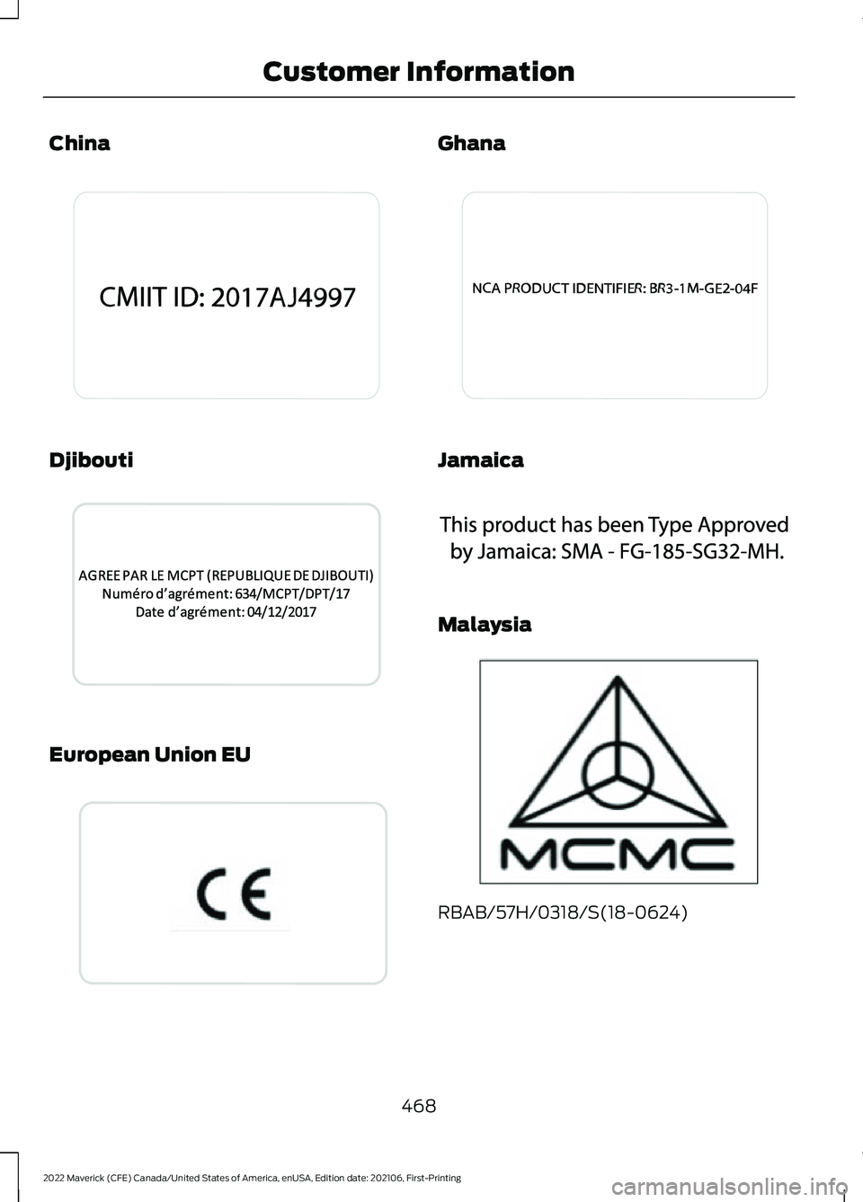 FORD MAVERICK 2022  Owners Manual China
Djibouti
European Union EU Ghana
Jamaica
Malaysia
RBAB/57H/0318/S(18-0624)
468
2022 Maverick (CFE) Canada/United States of America, enUSA, Edition date: 202106, First-Printing Customer Informati