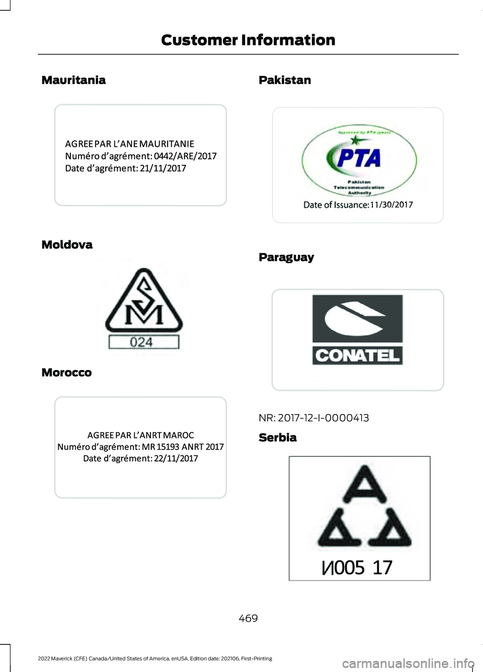 FORD MAVERICK 2022  Owners Manual Mauritania
Moldova
Morocco Pakistan
Paraguay
NR: 2017-12-I-0000413
Serbia
469
2022 Maverick (CFE) Canada/United States of America, enUSA, Edition date: 202106, First-Printing Customer Information E341