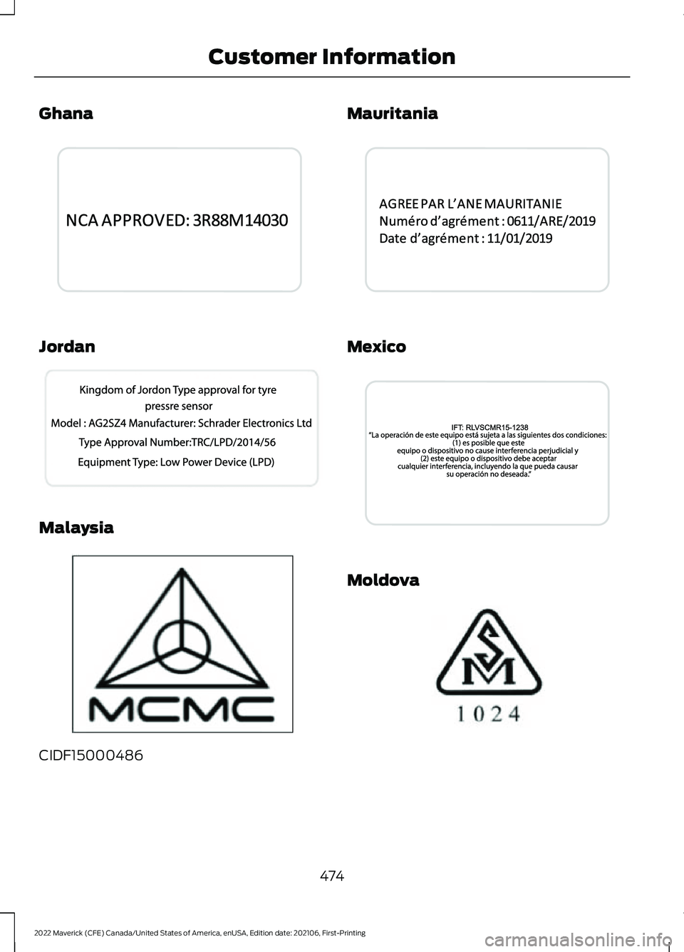 FORD MAVERICK 2022  Owners Manual Ghana
Jordan
Malaysia
CIDF15000486 Mauritania
Mexico
Moldova
474
2022 Maverick (CFE) Canada/United States of America, enUSA, Edition date: 202106, First-Printing Customer InformationE342220  E207819  