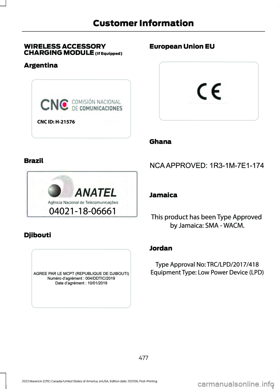FORD MAVERICK 2022  Owners Manual WIRELESS ACCESSORY
CHARGING MODULE (If Equipped)
Argentina Brazil
Djibouti European Union EU
Ghana
Jamaica
Jordan
477
2022 Maverick (CFE) Canada/United States of America, enUSA, Edition date: 202106, 