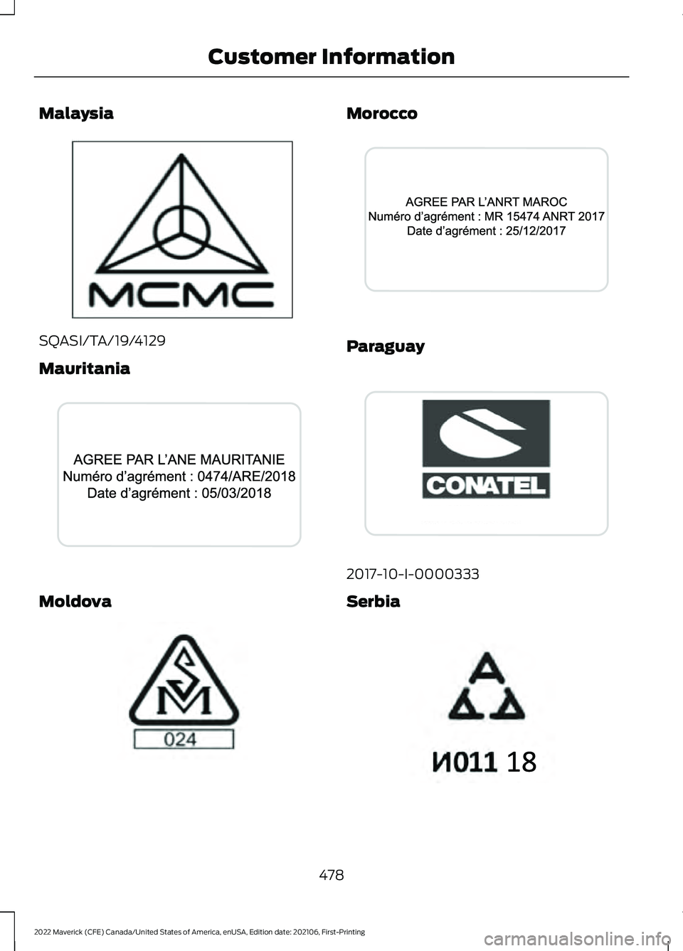 FORD MAVERICK 2022  Owners Manual Malaysia
SQASI/TA/19/4129
Mauritania
Moldova Morocco
Paraguay
2017-10-I-0000333
Serbia
478
2022 Maverick (CFE) Canada/United States of America, enUSA, Edition date: 202106, First-Printing Customer Inf