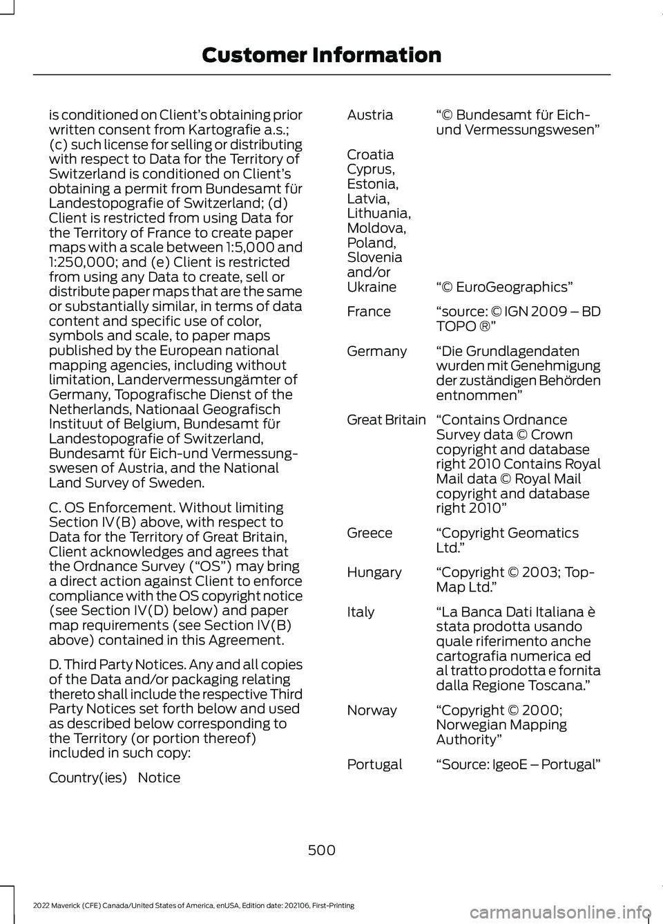 FORD MAVERICK 2022  Owners Manual is conditioned on Client’
s obtaining prior
written consent from Kartografie a.s.;
(c) such license for selling or distributing
with respect to Data for the Territory of
Switzerland is conditioned o