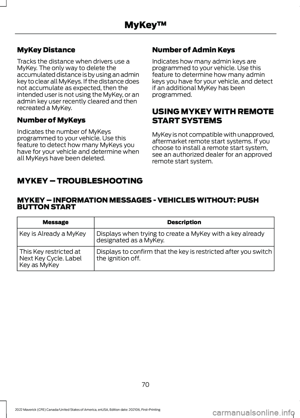 FORD MAVERICK 2022 Manual PDF MyKey Distance
Tracks the distance when drivers use a
MyKey. The only way to delete the
accumulated distance is by using an admin
key to clear all MyKeys. If the distance does
not accumulate as expect