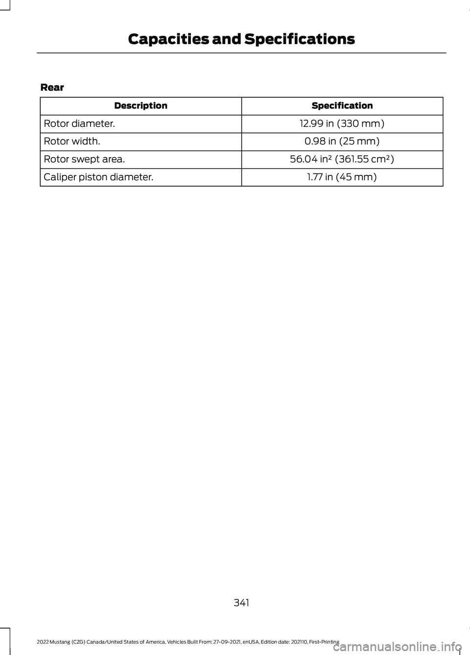 FORD MUSTANG 2022 Owners Manual Rear
Specification
Description
12.99 in (330 mm)
Rotor diameter.
0.98 in (25 mm)
Rotor width.
56.04 in² (361.55 cm²)
Rotor swept area.
1.77 in (45 mm)
Caliper piston diameter.
341
2022 Mustang (CZG) FORD MUSTANG 2022 Owners Manual Rear
Specification
Description
12.99 in (330 mm)
Rotor diameter.
0.98 in (25 mm)
Rotor width.
56.04 in² (361.55 cm²)
Rotor swept area.
1.77 in (45 mm)
Caliper piston diameter.
341
2022 Mustang (CZG)
