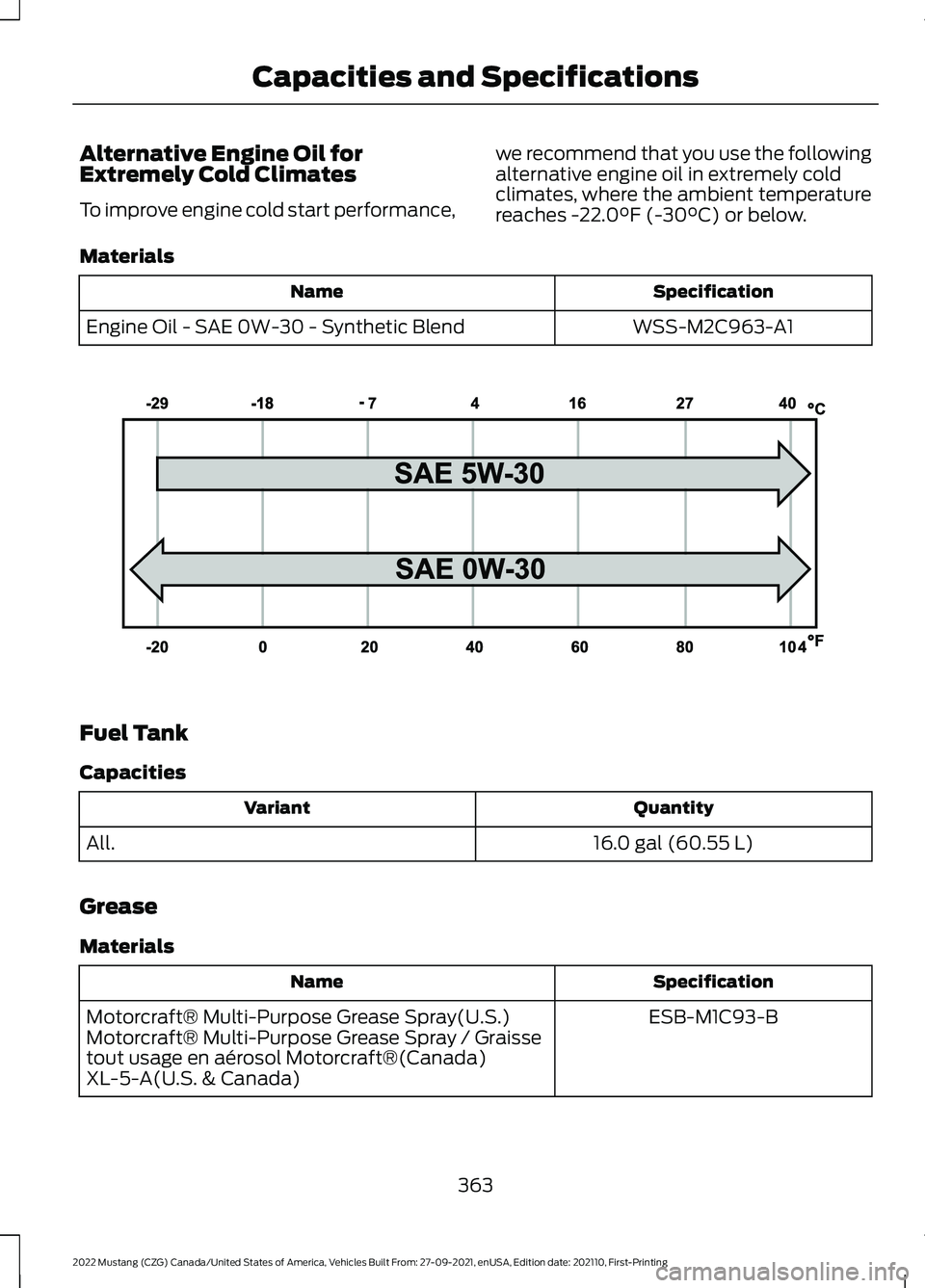 FORD MUSTANG 2022 Owners Manual Alternative Engine Oil for
Extremely Cold Climates
To improve engine cold start performance,
we recommend that you use the following
alternative engine oil in extremely cold
climates, where the ambien FORD MUSTANG 2022 Owners Manual Alternative Engine Oil for
Extremely Cold Climates
To improve engine cold start performance,
we recommend that you use the following
alternative engine oil in extremely cold
climates, where the ambien