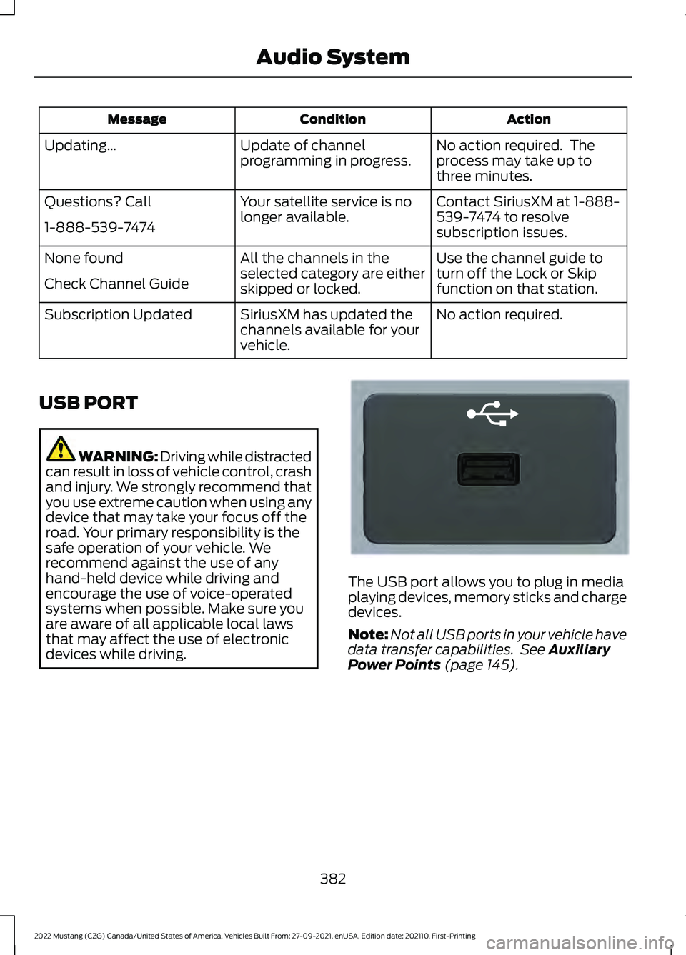 FORD MUSTANG 2022 Owners Manual Action
Condition
Message
No action required. The
process may take up to
three minutes.
Update of channel
programming in progress.
Updating…
Contact SiriusXM at 1-888-
539-7474 to resolve
subscripti FORD MUSTANG 2022 Owners Manual Action
Condition
Message
No action required. The
process may take up to
three minutes.
Update of channel
programming in progress.
Updating…
Contact SiriusXM at 1-888-
539-7474 to resolve
subscripti