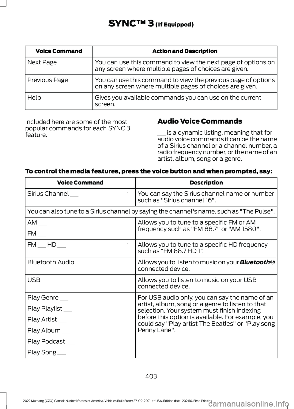 FORD MUSTANG 2022 User Guide Action and Description
Voice Command
You can use this command to view the next page of options on
any screen where multiple pages of choices are given.
Next Page
You can use this command to view the p FORD MUSTANG 2022 User Guide Action and Description
Voice Command
You can use this command to view the next page of options on
any screen where multiple pages of choices are given.
Next Page
You can use this command to view the p
