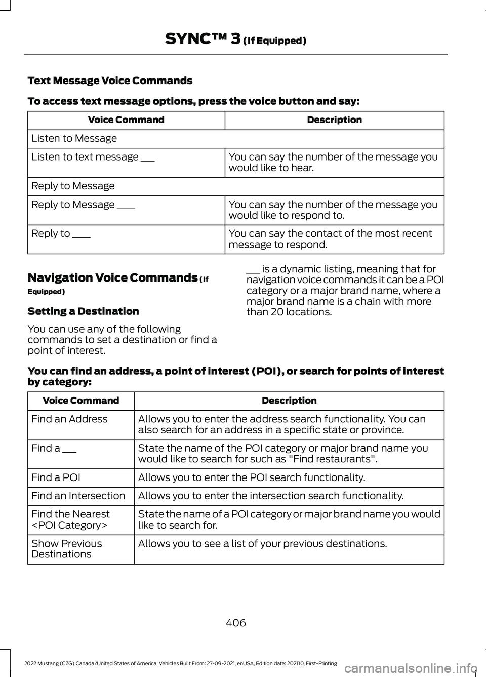 FORD MUSTANG 2022 Owners Manual Text Message Voice Commands
To access text message options, press the voice button and say:
Description
Voice Command
Listen to Message You can say the number of the message you
would like to hear.
Li FORD MUSTANG 2022 Owners Manual Text Message Voice Commands
To access text message options, press the voice button and say:
Description
Voice Command
Listen to Message You can say the number of the message you
would like to hear.
Li
