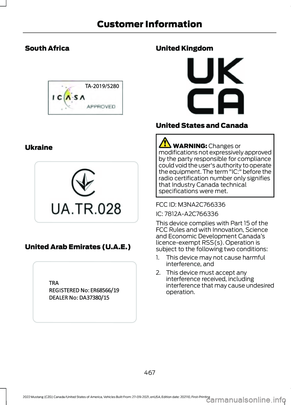 FORD MUSTANG 2022 User Guide South Africa
Ukraine
United Arab Emirates (U.A.E.) United Kingdom
United States and Canada
WARNING: Changes or
modifications not expressively approved
by the party responsible for compliance
could voi FORD MUSTANG 2022 User Guide South Africa
Ukraine
United Arab Emirates (U.A.E.) United Kingdom
United States and Canada
WARNING: Changes or
modifications not expressively approved
by the party responsible for compliance
could voi