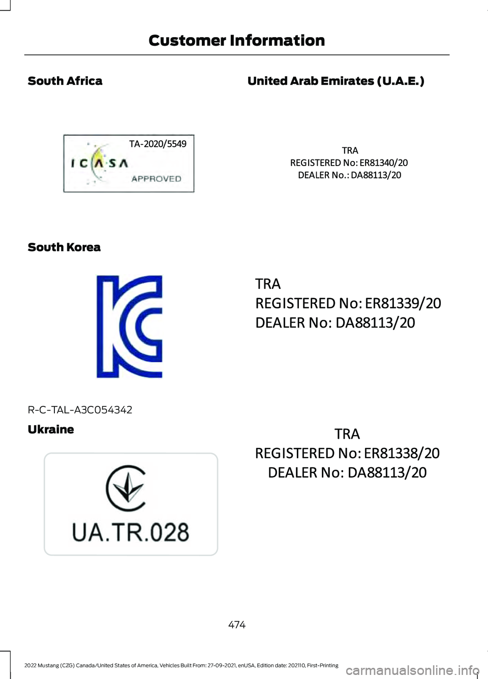 FORD MUSTANG 2022  Owners Manual South Africa
South Korea
R-C-TAL-A3C054342
Ukraine United Arab Emirates (U.A.E.)
474
2022 Mustang (CZG) Canada/United States of America, Vehicles Built From: 27-09-2021, enUSA, Edition date: 202110, F