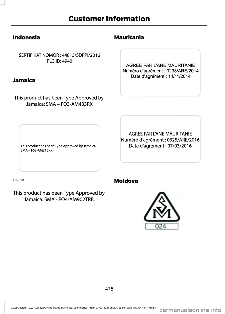 FORD MUSTANG 2022  Owners Manual Indonesia
Jamaica Mauritania
Moldova
476
2022 Mustang (CZG) Canada/United States of America, Vehicles Built From: 27-09-2021, enUSA, Edition date: 202110, First-Printing Customer InformationA
B
A
12
2
