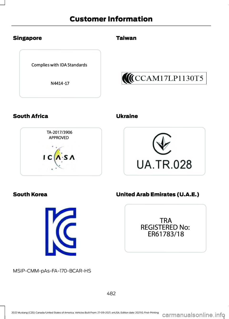 FORD MUSTANG 2022  Owners Manual Singapore
South Africa
South Korea
MSIP-CMM-pAs-FA-170-BCAR-HS Taiwan
Ukraine
United Arab Emirates (U.A.E.)
482
2022 Mustang (CZG) Canada/United States of America, Vehicles Built From: 27-09-2021, enU