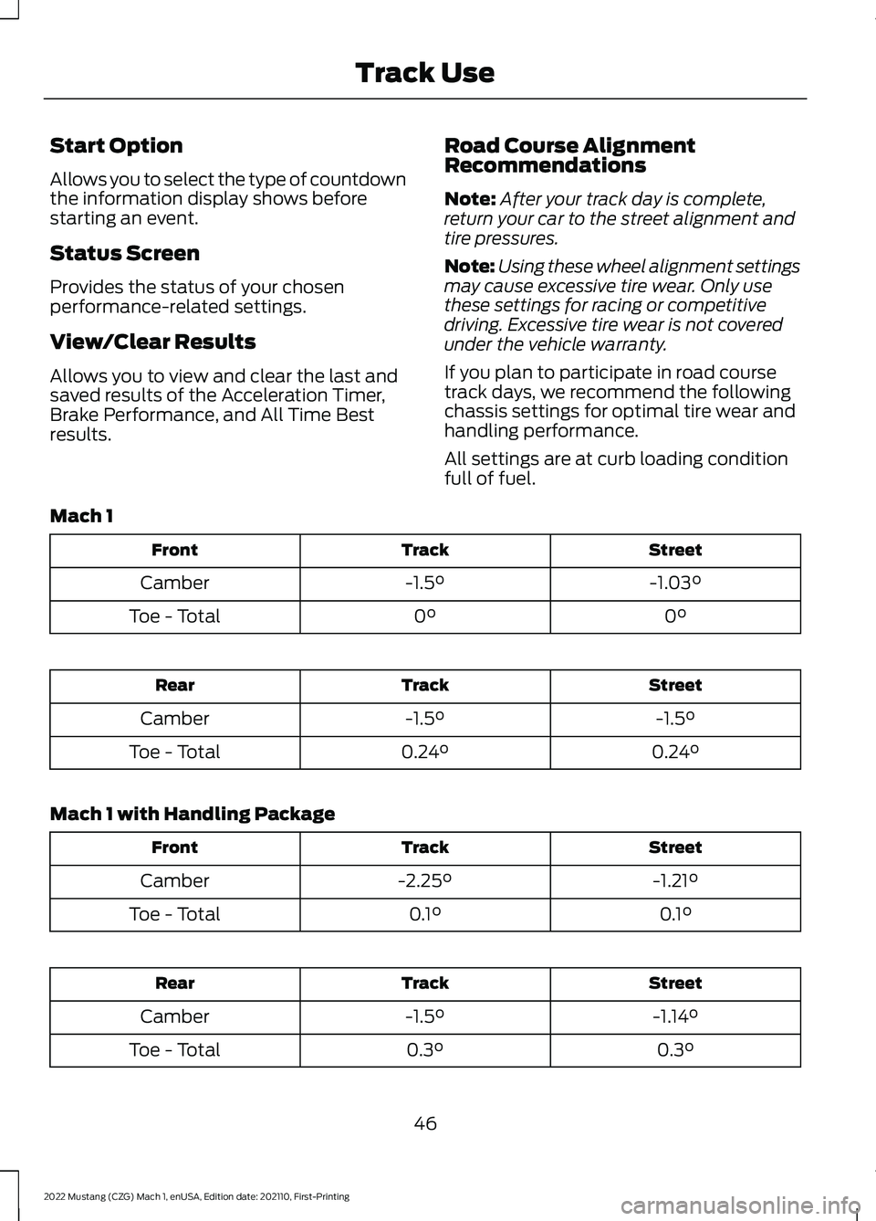 FORD MUSTANG 2022 Warranty Guide Start Option
Allows you to select the type of countdown
the information display shows before
starting an event.
Status Screen
Provides the status of your chosen
performance-related settings.
View/Clea FORD MUSTANG 2022 Warranty Guide Start Option
Allows you to select the type of countdown
the information display shows before
starting an event.
Status Screen
Provides the status of your chosen
performance-related settings.
View/Clea