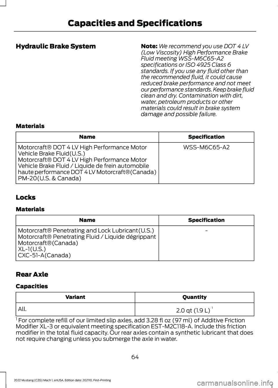 FORD MUSTANG 2022 Warranty Guide Hydraulic Brake System
Note:
We recommend you use DOT 4 LV
(Low Viscosity) High Performance Brake
Fluid meeting WSS-M6C65-A2
specifications or ISO 4925 Class 6
standards. If you use any fluid other th FORD MUSTANG 2022 Warranty Guide Hydraulic Brake System
Note:
We recommend you use DOT 4 LV
(Low Viscosity) High Performance Brake
Fluid meeting WSS-M6C65-A2
specifications or ISO 4925 Class 6
standards. If you use any fluid other th
