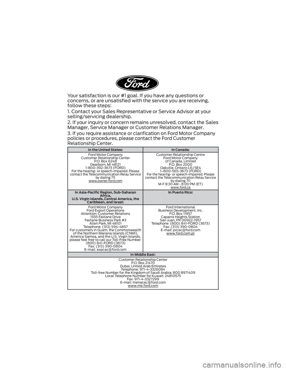 FORD RANGER 2022 Warranty Guide Your satisfaction is our #1 goal. If you have any questions or
concerns, or are unsatisfied with the service you are receiving,
follow these steps:
1. Contact your Sales Representative or Service Advi FORD RANGER 2022 Warranty Guide Your satisfaction is our #1 goal. If you have any questions or
concerns, or are unsatisfied with the service you are receiving,
follow these steps:
1. Contact your Sales Representative or Service Advi