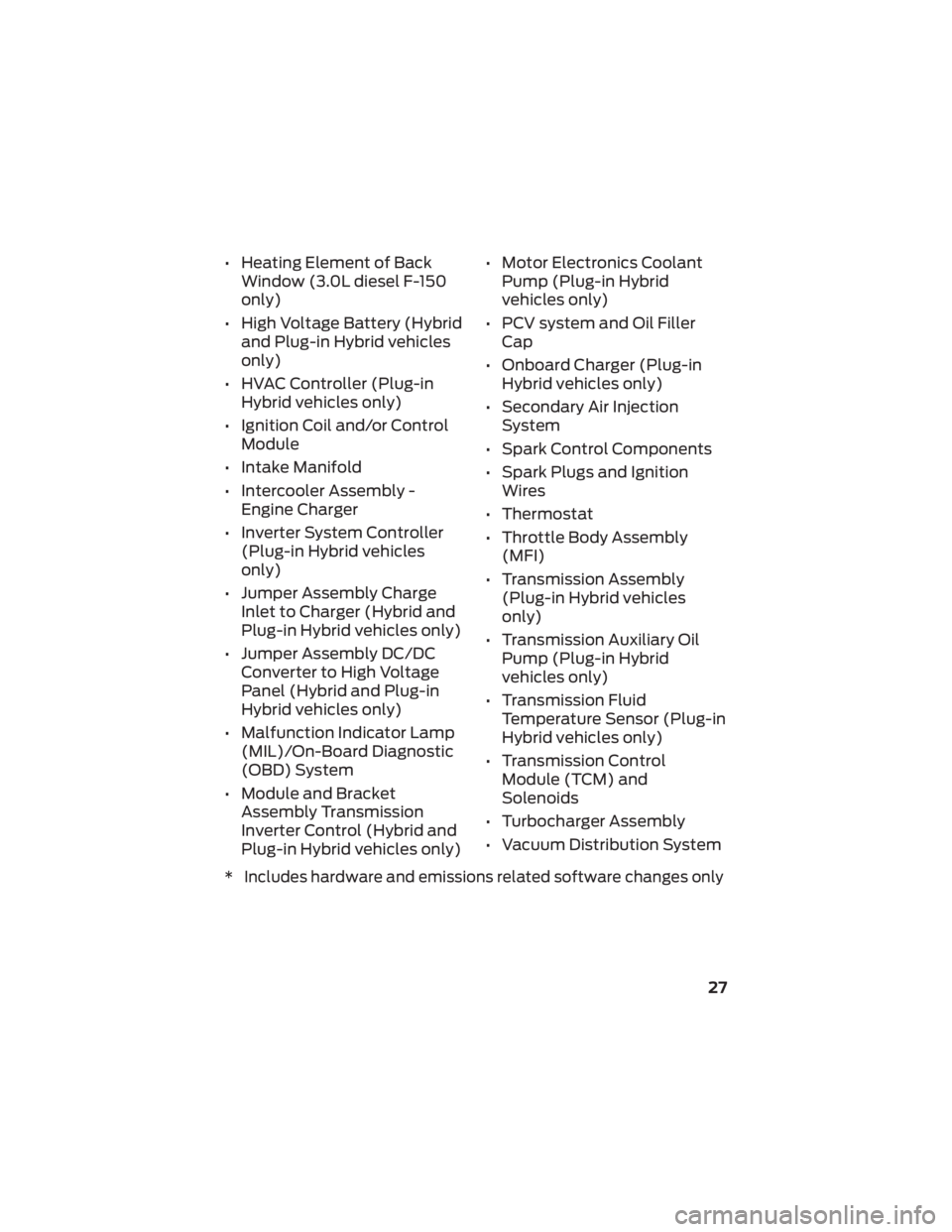 FORD TRANSIT 2022 Warranty Guide • Heating Element of BackWindow (3.0L diesel F-150
only)
• High Voltage Battery (Hybrid and Plug-in Hybrid vehicles
only)
• HVAC Controller (Plug-in Hybrid vehicles only)
• Ignition Coil and/o FORD TRANSIT 2022 Warranty Guide • Heating Element of BackWindow (3.0L diesel F-150
only)
• High Voltage Battery (Hybrid and Plug-in Hybrid vehicles
only)
• HVAC Controller (Plug-in Hybrid vehicles only)
• Ignition Coil and/o