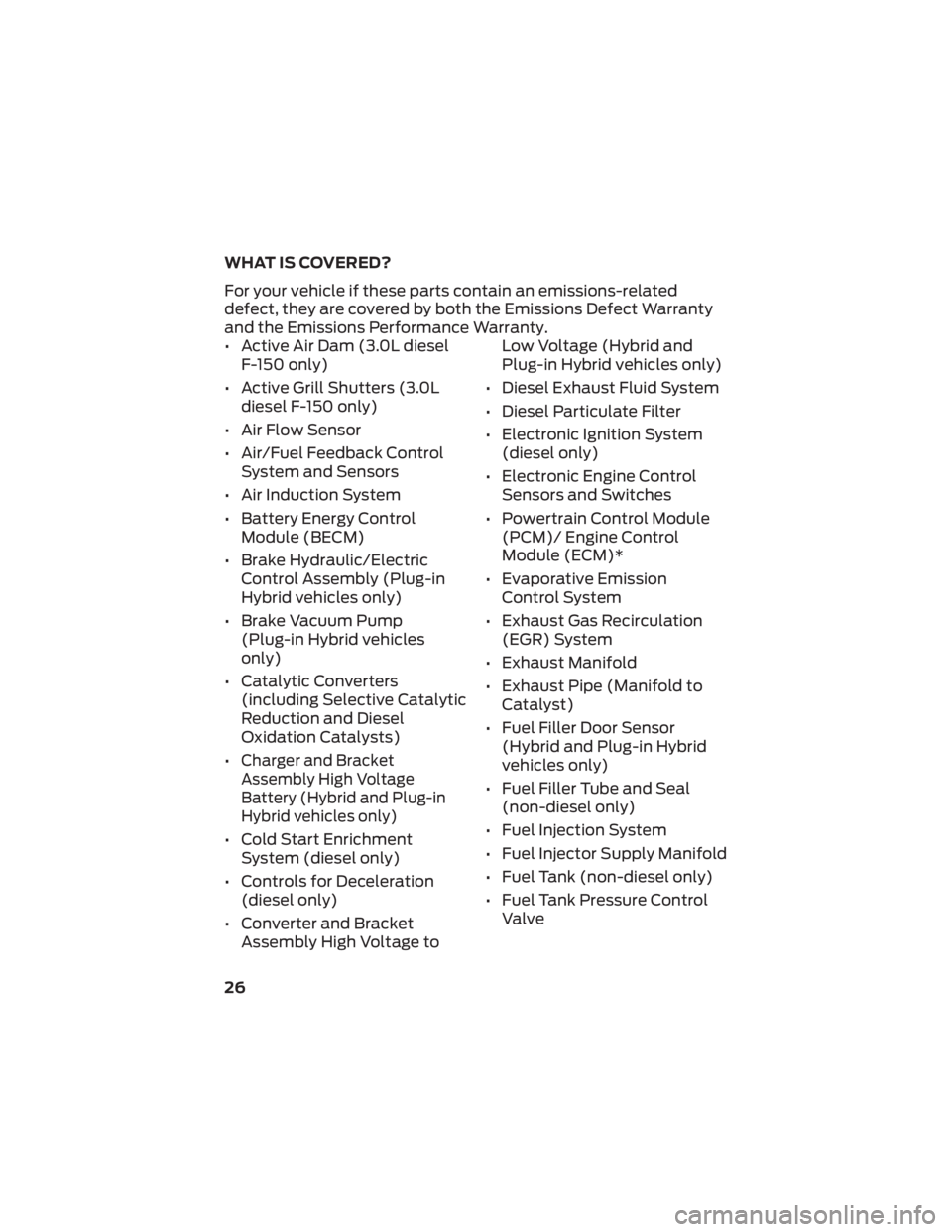 FORD TRANSIT CONNECT 2022 Warranty Guide WHAT IS COVERED?
For your vehicle if these parts contain an emissions-related
defect, they are covered by both the Emissions Defect Warranty
and the Emissions Performance Warranty.
• Active Air Dam FORD TRANSIT CONNECT 2022 Warranty Guide WHAT IS COVERED?
For your vehicle if these parts contain an emissions-related
defect, they are covered by both the Emissions Defect Warranty
and the Emissions Performance Warranty.
• Active Air Dam