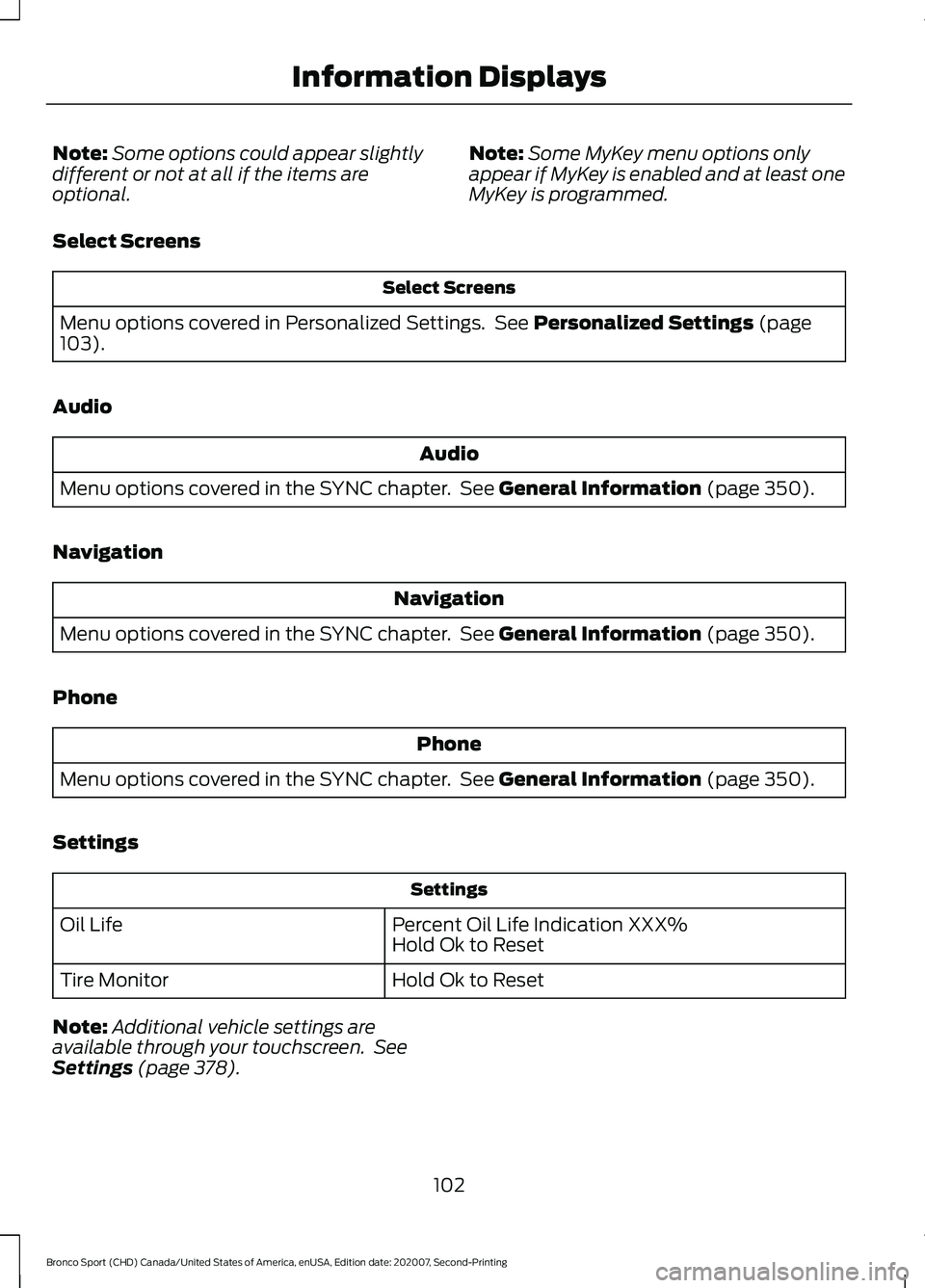 FORD BRONCO SPORT 2021 Owners Manual Note:
Some options could appear slightly
different or not at all if the items are
optional. Note:
Some MyKey menu options only
appear if MyKey is enabled and at least one
MyKey is programmed.
Select S FORD BRONCO SPORT 2021 Owners Manual Note:
Some options could appear slightly
different or not at all if the items are
optional. Note:
Some MyKey menu options only
appear if MyKey is enabled and at least one
MyKey is programmed.
Select S