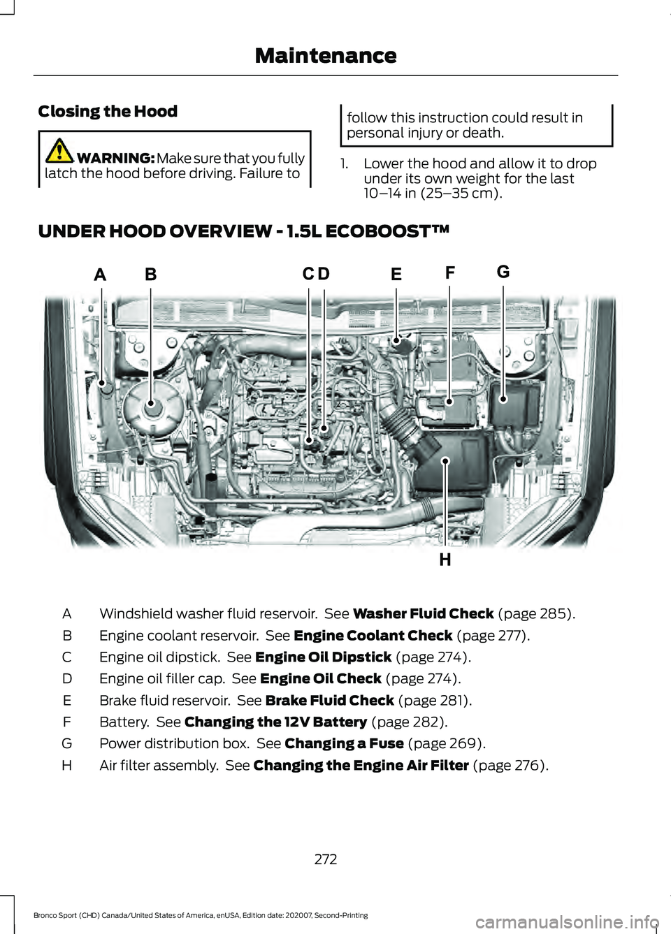 FORD BRONCO SPORT 2021  Owners Manual Closing the Hood
WARNING: Make sure that you fully
latch the hood before driving. Failure to follow this instruction could result in
personal injury or death.
1. Lower the hood and allow it to drop un