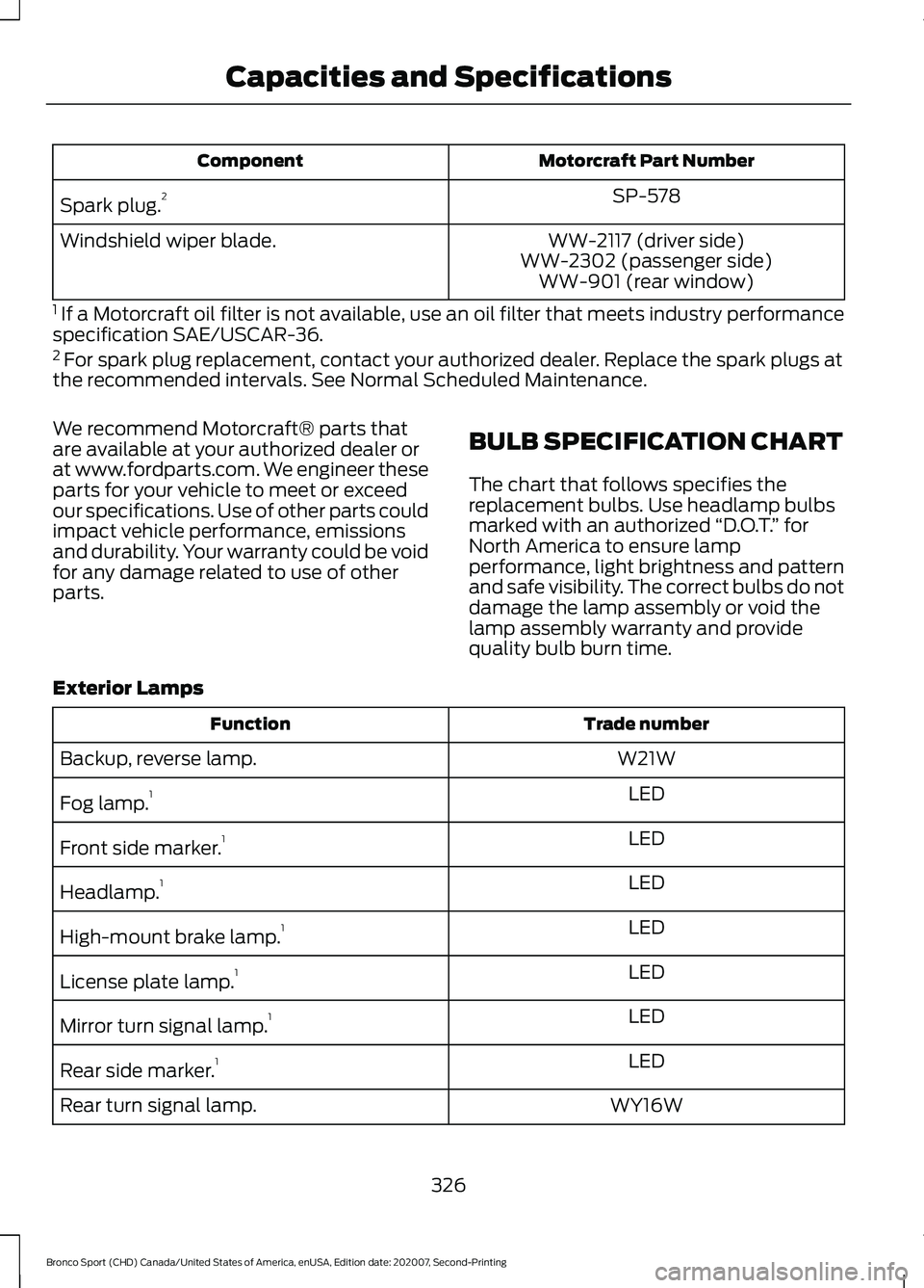FORD BRONCO SPORT 2021 Owners Manual Motorcraft Part Number
Component
SP-578
Spark plug. 2
WW-2117 (driver side)
Windshield wiper blade.
WW-2302 (passenger side)WW-901 (rear window)
1 If a Motorcraft oil filter is not available, use an FORD BRONCO SPORT 2021 Owners Manual Motorcraft Part Number
Component
SP-578
Spark plug. 2
WW-2117 (driver side)
Windshield wiper blade.
WW-2302 (passenger side)WW-901 (rear window)
1 If a Motorcraft oil filter is not available, use an