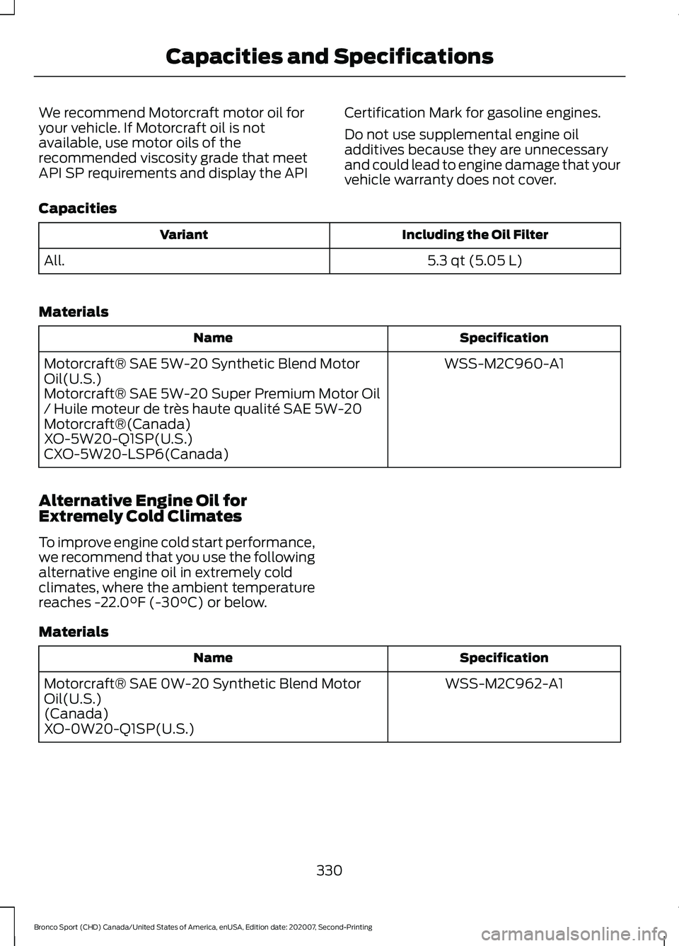 FORD BRONCO SPORT 2021 Owners Manual We recommend Motorcraft motor oil for
your vehicle. If Motorcraft oil is not
available, use motor oils of the
recommended viscosity grade that meet
API SP requirements and display the API
Certificatio FORD BRONCO SPORT 2021 Owners Manual We recommend Motorcraft motor oil for
your vehicle. If Motorcraft oil is not
available, use motor oils of the
recommended viscosity grade that meet
API SP requirements and display the API
Certificatio
