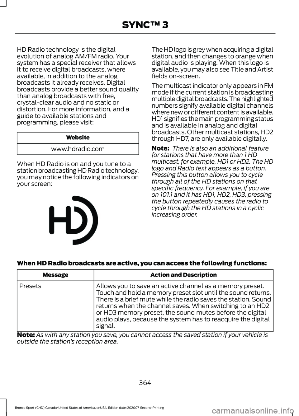 FORD BRONCO SPORT 2021 Owners Manual HD Radio technology is the digital
evolution of analog AM/FM radio. Your
system has a special receiver that allows
it to receive digital broadcasts, where
available, in addition to the analog
broadcas FORD BRONCO SPORT 2021 Owners Manual HD Radio technology is the digital
evolution of analog AM/FM radio. Your
system has a special receiver that allows
it to receive digital broadcasts, where
available, in addition to the analog
broadcas