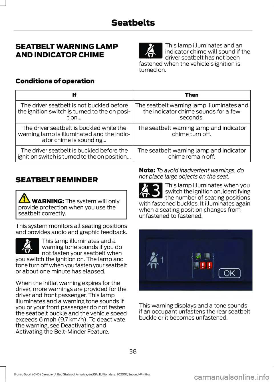 FORD BRONCO SPORT 2021 Service Manual SEATBELT WARNING LAMP
AND INDICATOR CHIME This lamp illuminates and an
indicator chime will sound if the
driver seatbelt has not been
fastened when the vehicle's ignition is
turned on.
Conditions 