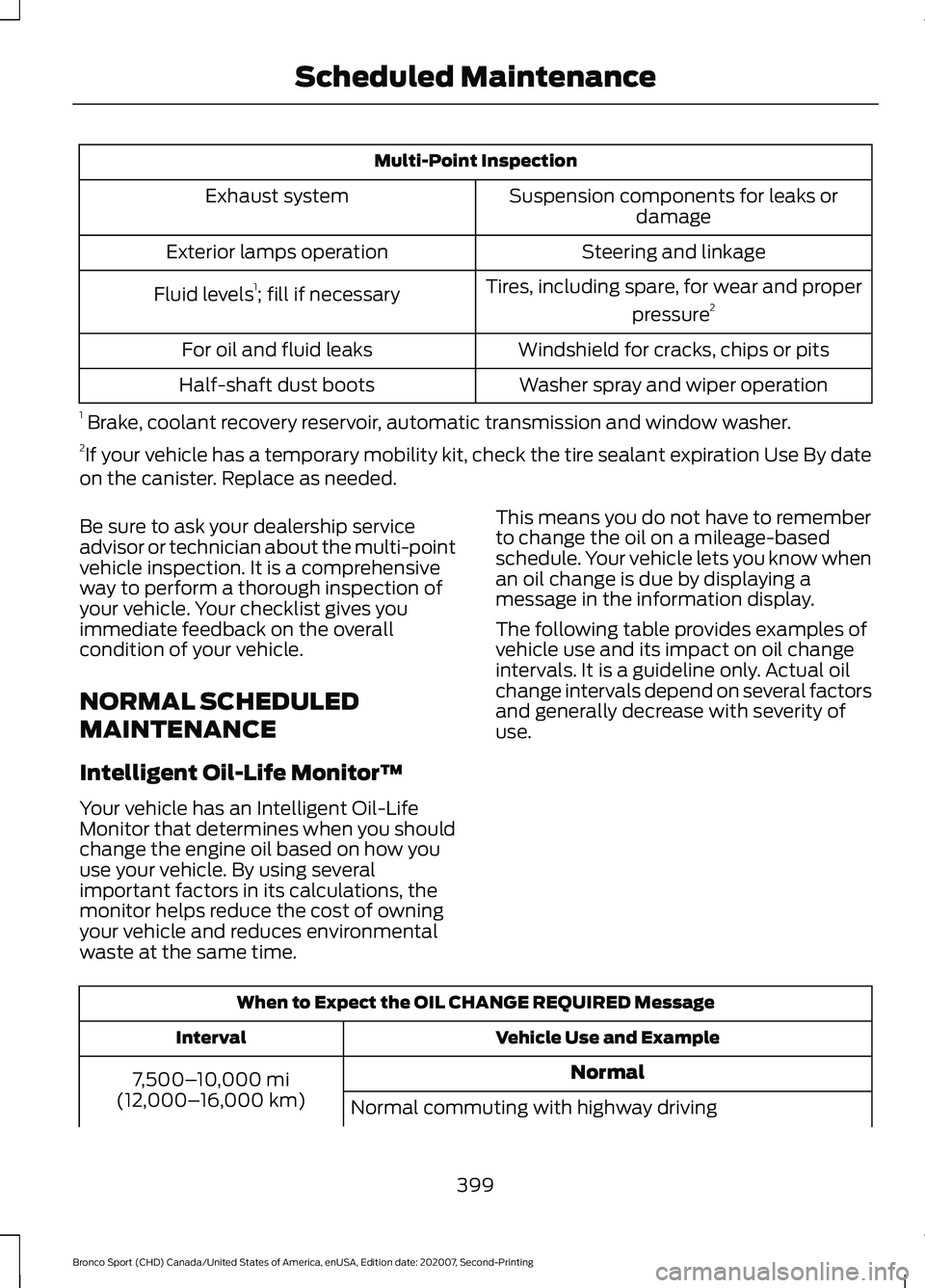 FORD BRONCO SPORT 2021  Owners Manual Multi-Point Inspection
Suspension components for leaks ordamage
Exhaust system
Steering and linkage
Exterior lamps operation
Tires, including spare, for wear and properpressure2
Fluid levels 1
; fill 