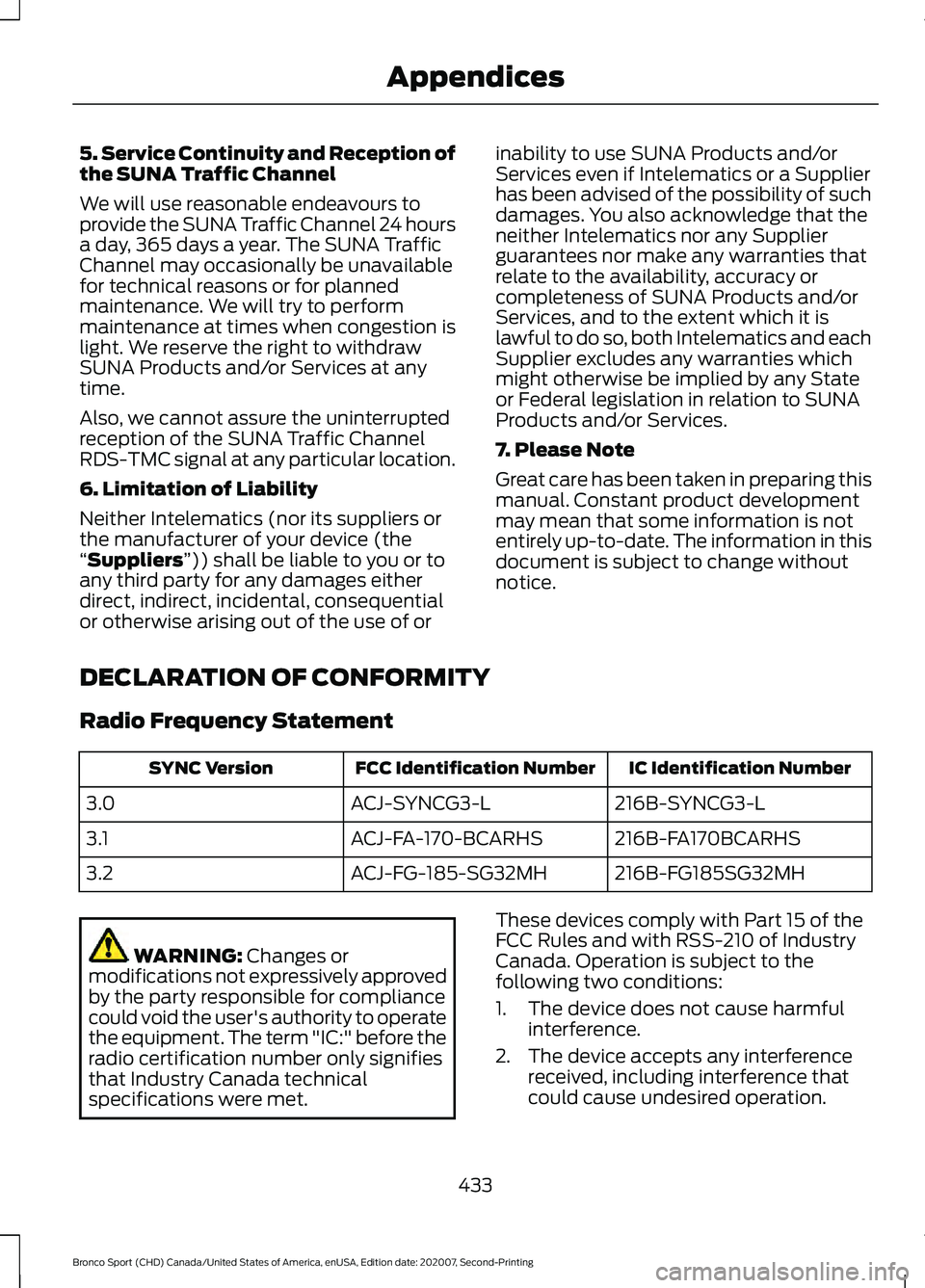 FORD BRONCO SPORT 2021 Owners Manual 5. Service Continuity and Reception of
the SUNA Traffic Channel
We will use reasonable endeavours to
provide the SUNA Traffic Channel 24 hours
a day, 365 days a year. The SUNA Traffic
Channel may occa FORD BRONCO SPORT 2021 Owners Manual 5. Service Continuity and Reception of
the SUNA Traffic Channel
We will use reasonable endeavours to
provide the SUNA Traffic Channel 24 hours
a day, 365 days a year. The SUNA Traffic
Channel may occa