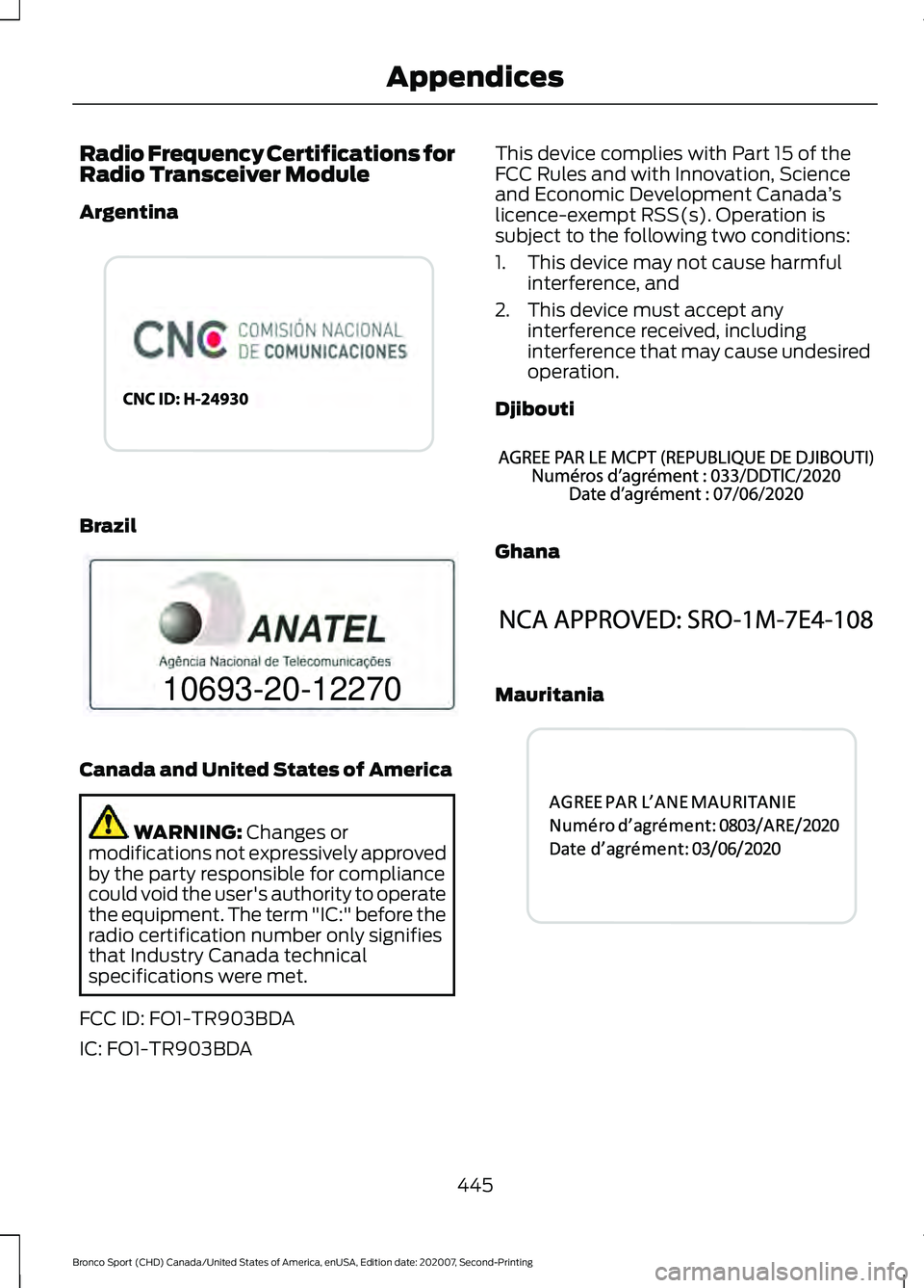 FORD BRONCO SPORT 2021  Owners Manual Radio Frequency Certifications for
Radio Transceiver Module
Argentina
Brazil
Canada and United States of America
WARNING: Changes or
modifications not expressively approved
by the party responsible fo