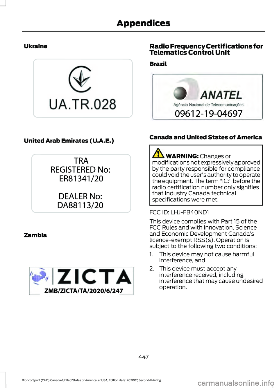 FORD BRONCO SPORT 2021  Owners Manual Ukraine
United Arab Emirates (U.A.E.)
Zambia Radio Frequency Certifications for
Telematics Control Unit
Brazil
Canada and United States of America
WARNING: Changes or
modifications not expressively ap