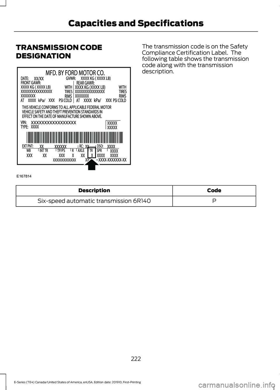 FORD E-350 2021 Owners Manual TRANSMISSION CODE
DESIGNATION The transmission code is on the Safety
Compliance Certification Label. The
following table shows the transmission
code along with the transmission
description.
Code
Desc FORD E-350 2021 Owners Manual TRANSMISSION CODE
DESIGNATION The transmission code is on the Safety
Compliance Certification Label. The
following table shows the transmission
code along with the transmission
description.
Code
Desc