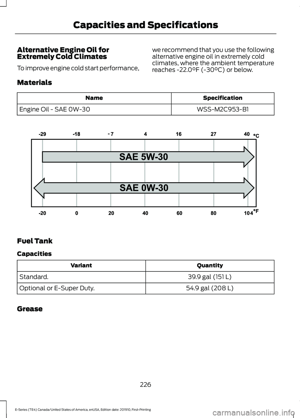 FORD E-350 2021 Owners Manual Alternative Engine Oil for
Extremely Cold Climates
To improve engine cold start performance,
we recommend that you use the following
alternative engine oil in extremely cold
climates, where the ambien FORD E-350 2021 Owners Manual Alternative Engine Oil for
Extremely Cold Climates
To improve engine cold start performance,
we recommend that you use the following
alternative engine oil in extremely cold
climates, where the ambien