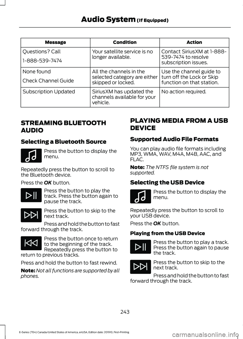 FORD E-350 2021 Owners Manual Action
Condition
Message
Contact SiriusXM at 1-888-
539-7474 to resolve
subscription issues.
Your satellite service is no
longer available.
Questions? Call
1-888-539-7474
Use the channel guide to
turn FORD E-350 2021 Owners Manual Action
Condition
Message
Contact SiriusXM at 1-888-
539-7474 to resolve
subscription issues.
Your satellite service is no
longer available.
Questions? Call
1-888-539-7474
Use the channel guide to
turn