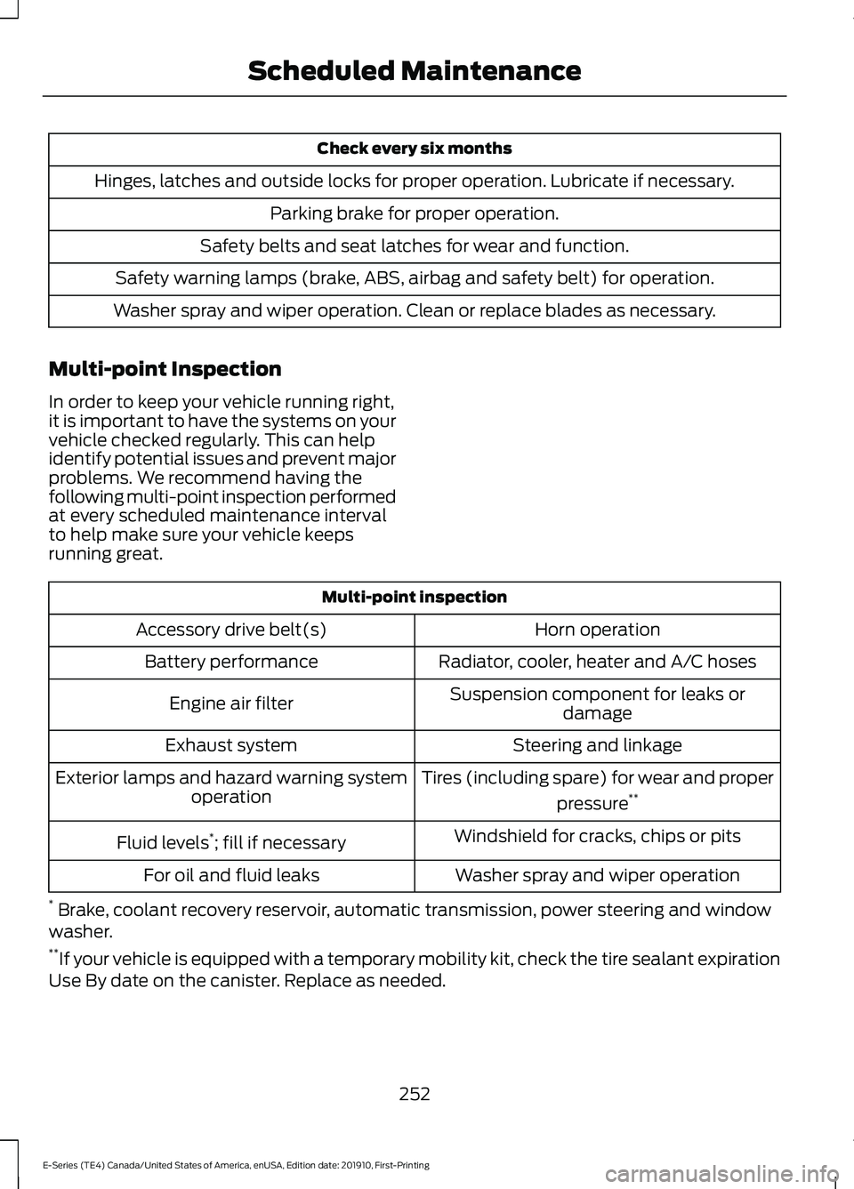 FORD E-350 2021 Owners Manual Check every six months
Hinges, latches and outside locks for proper operation. Lubricate if necessary. Parking brake for proper operation.
Safety belts and seat latches for wear and function.
Safety w FORD E-350 2021 Owners Manual Check every six months
Hinges, latches and outside locks for proper operation. Lubricate if necessary. Parking brake for proper operation.
Safety belts and seat latches for wear and function.
Safety w