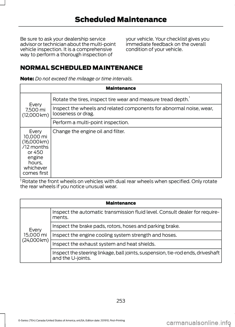 FORD E-350 2021 Owners Manual Be sure to ask your dealership service
advisor or technician about the multi-point
vehicle inspection. It is a comprehensive
way to perform a thorough inspection of
your vehicle. Your checklist gives 