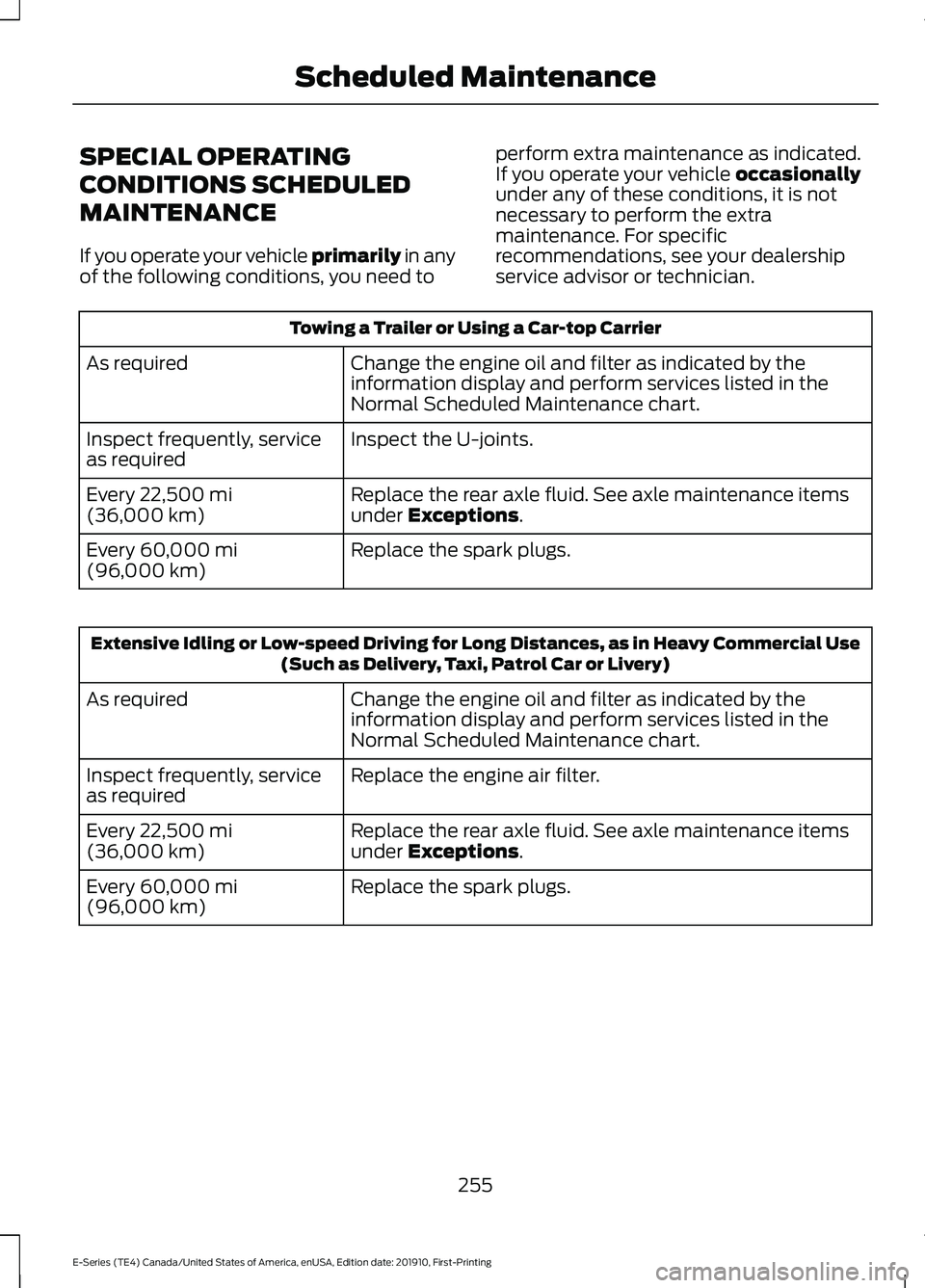 FORD E-350 2021 Owners Manual SPECIAL OPERATING
CONDITIONS SCHEDULED
MAINTENANCE
If you operate your vehicle primarily in any
of the following conditions, you need to perform extra maintenance as indicated.
If you operate your veh FORD E-350 2021 Owners Manual SPECIAL OPERATING
CONDITIONS SCHEDULED
MAINTENANCE
If you operate your vehicle primarily in any
of the following conditions, you need to perform extra maintenance as indicated.
If you operate your veh
